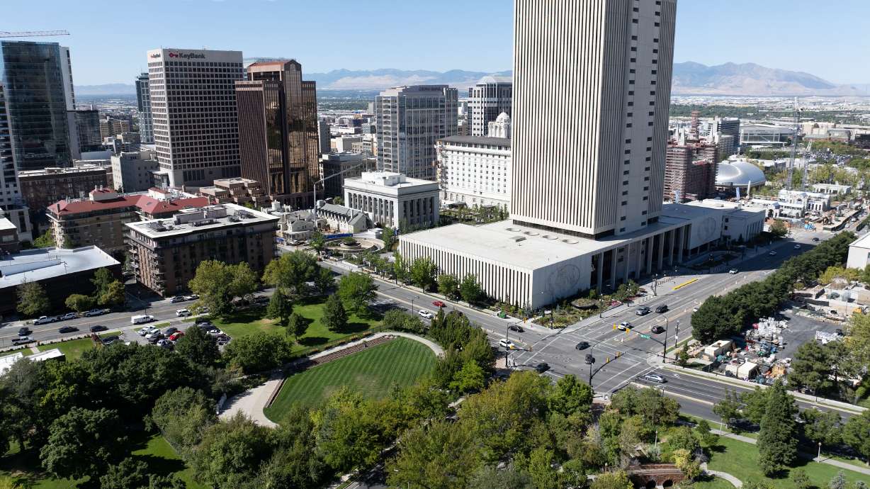 The east side of Temple Square on Aug. 14, 2024. The Church of Jesus Christ of Latter-day Saints says it plans to add more smart controllers this year at meetinghouses. It implemented other water-saving measures at Temple Square in recent years.