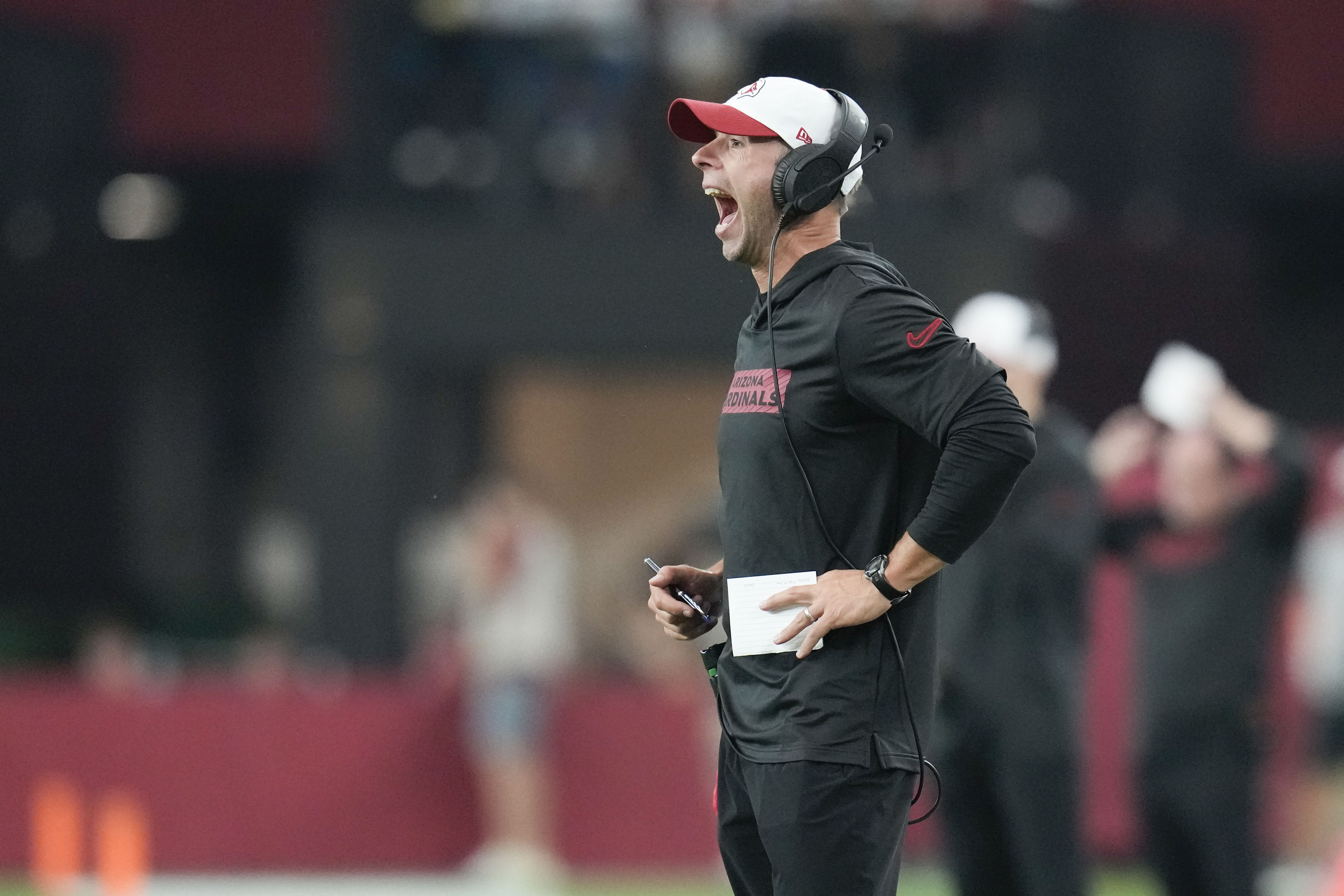 Arizona Cardinals head coach Jonathan Gannon calls out from the sideleinein the first half of a preseason NFL football game against the New Orleans Saints, Saturday, Aug. 10, 2024, in Glendale, Ariz. 
