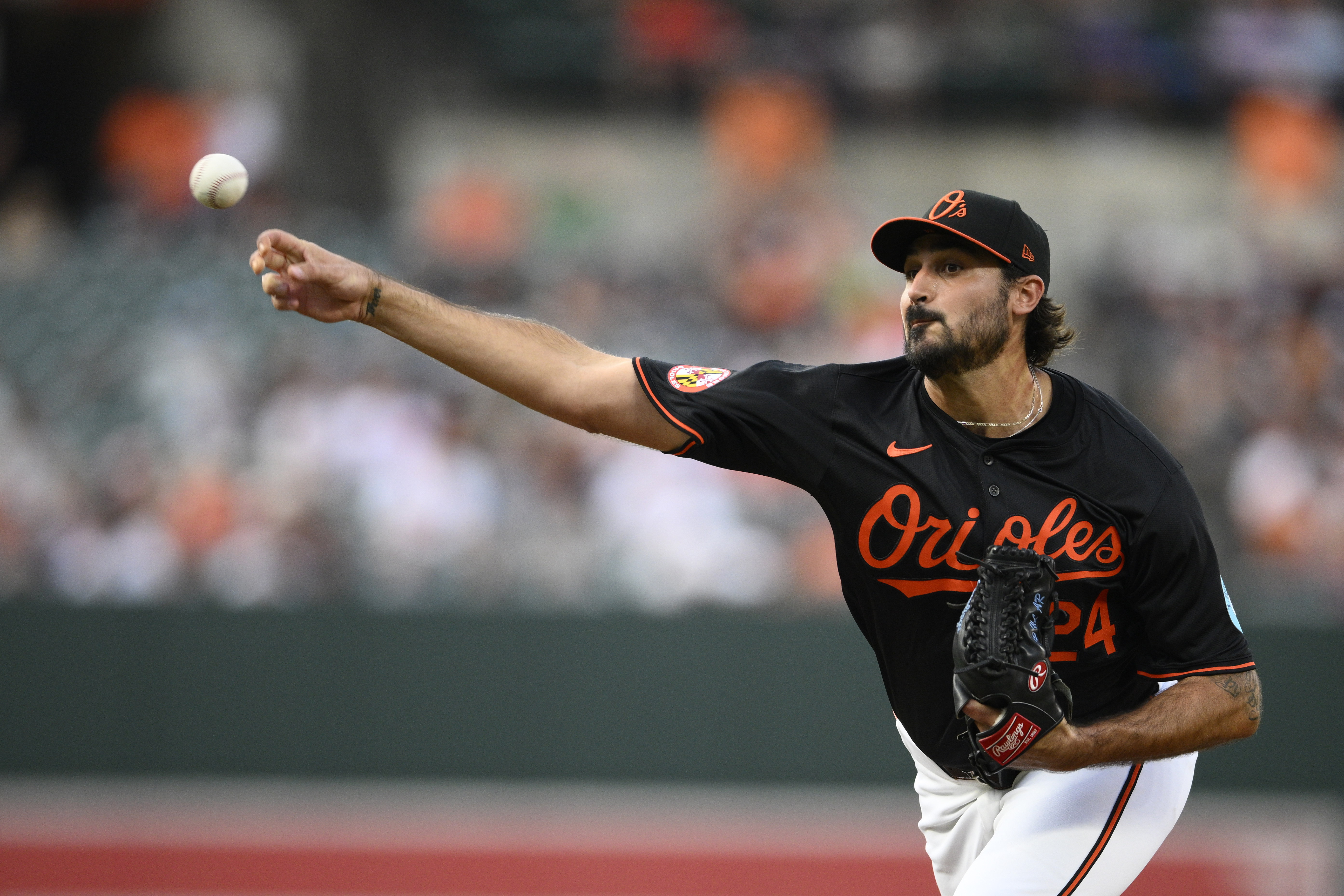 Baltimore Orioles starting pitcher Zach Eflin throws during the first inning of a baseball game against the Boston Red Sox, Thursday, Aug. 15, 2024, in Baltimore. 