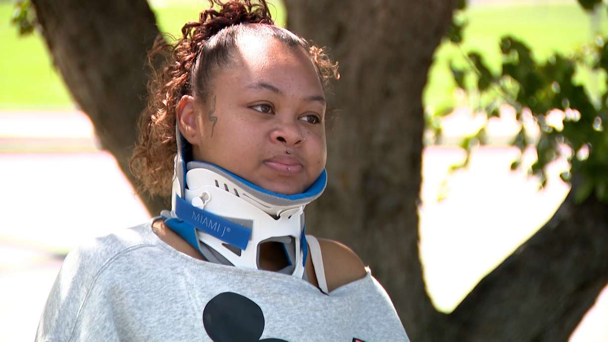 Tamyah Salazar, 25, speaks on Thursday about the hit-and-run crash in Kearns on July 21 which seriously injured her and two friends.
