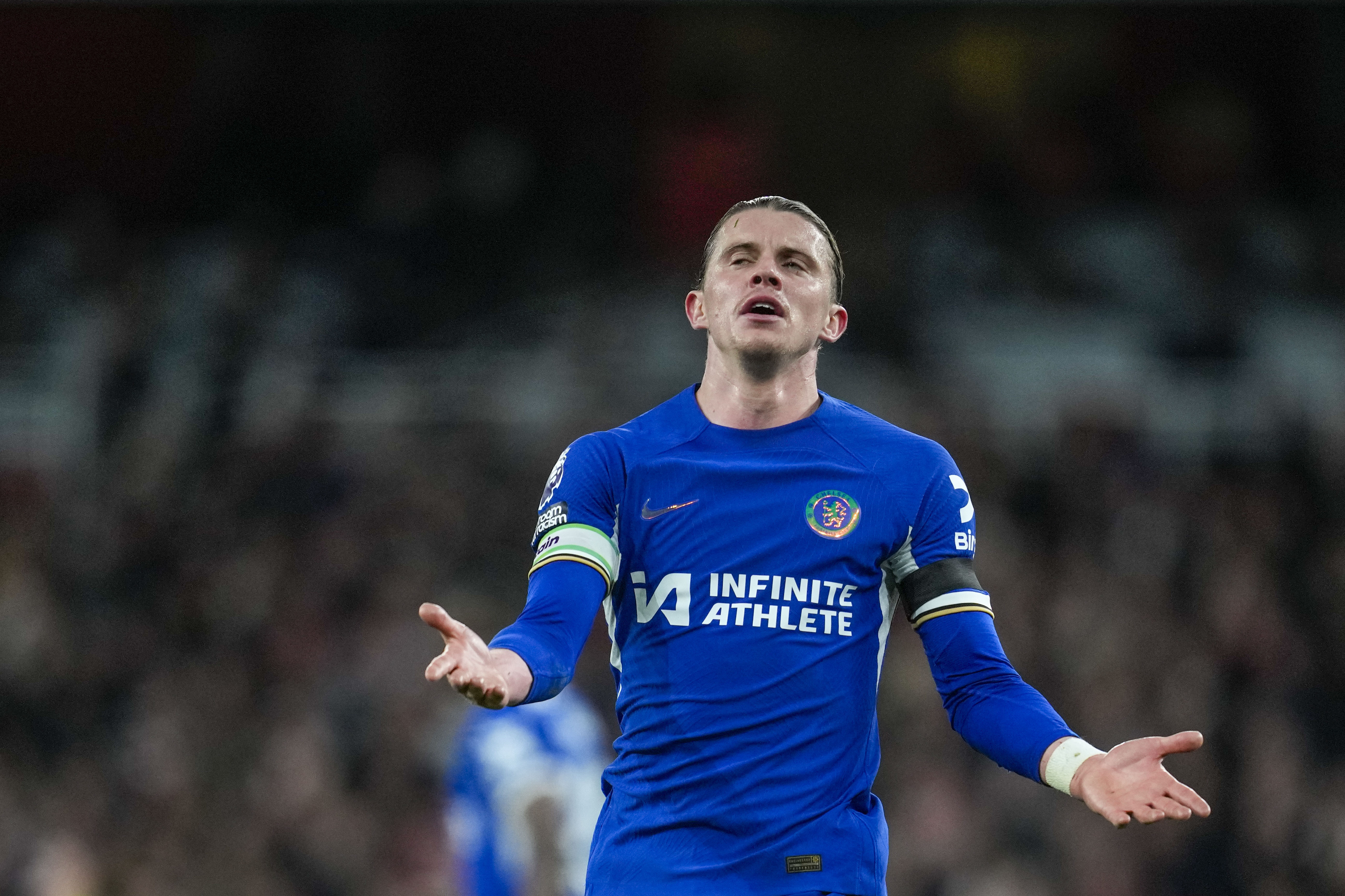 FILE - Chelsea's Conor Gallagher reacts during the English Premier League soccer match between Arsenal and Chelsea at Emirates Stadium in London, Tuesday, April 23, 2024.