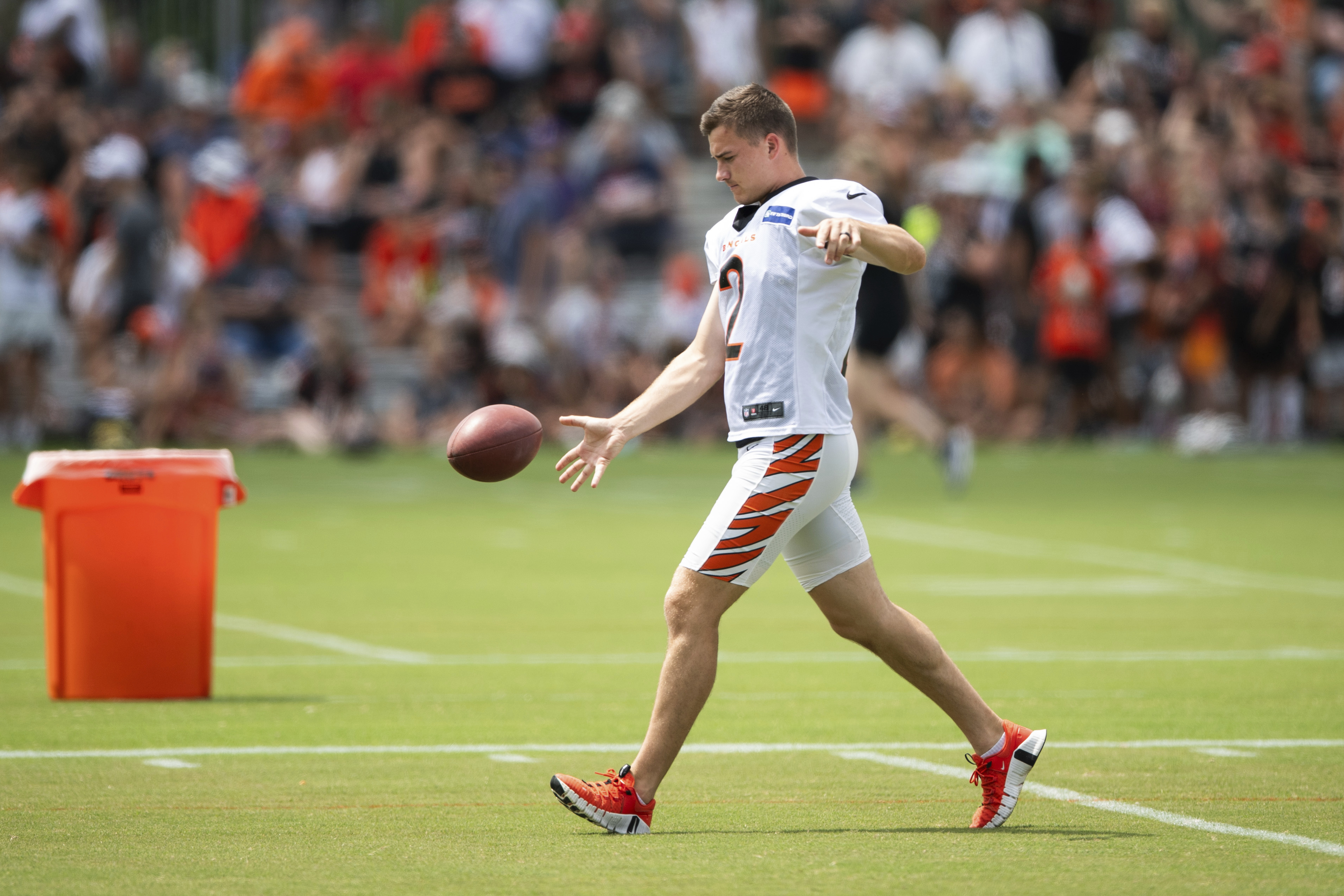 Cincinnati Bengals kicker Evan McPherson (2) kicks the ball during the NFL football team's training camp on Wednesday, Aug. 7, 2024, in Cincinnati. 