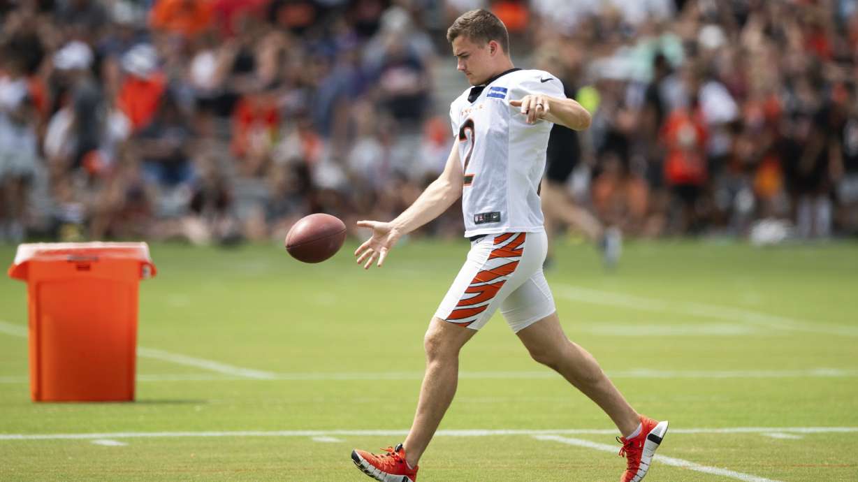 Cincinnati Bengals kicker Evan McPherson (2) kicks the ball during the NFL football team's training camp on Wednesday, Aug. 7, 2024, in Cincinnati.