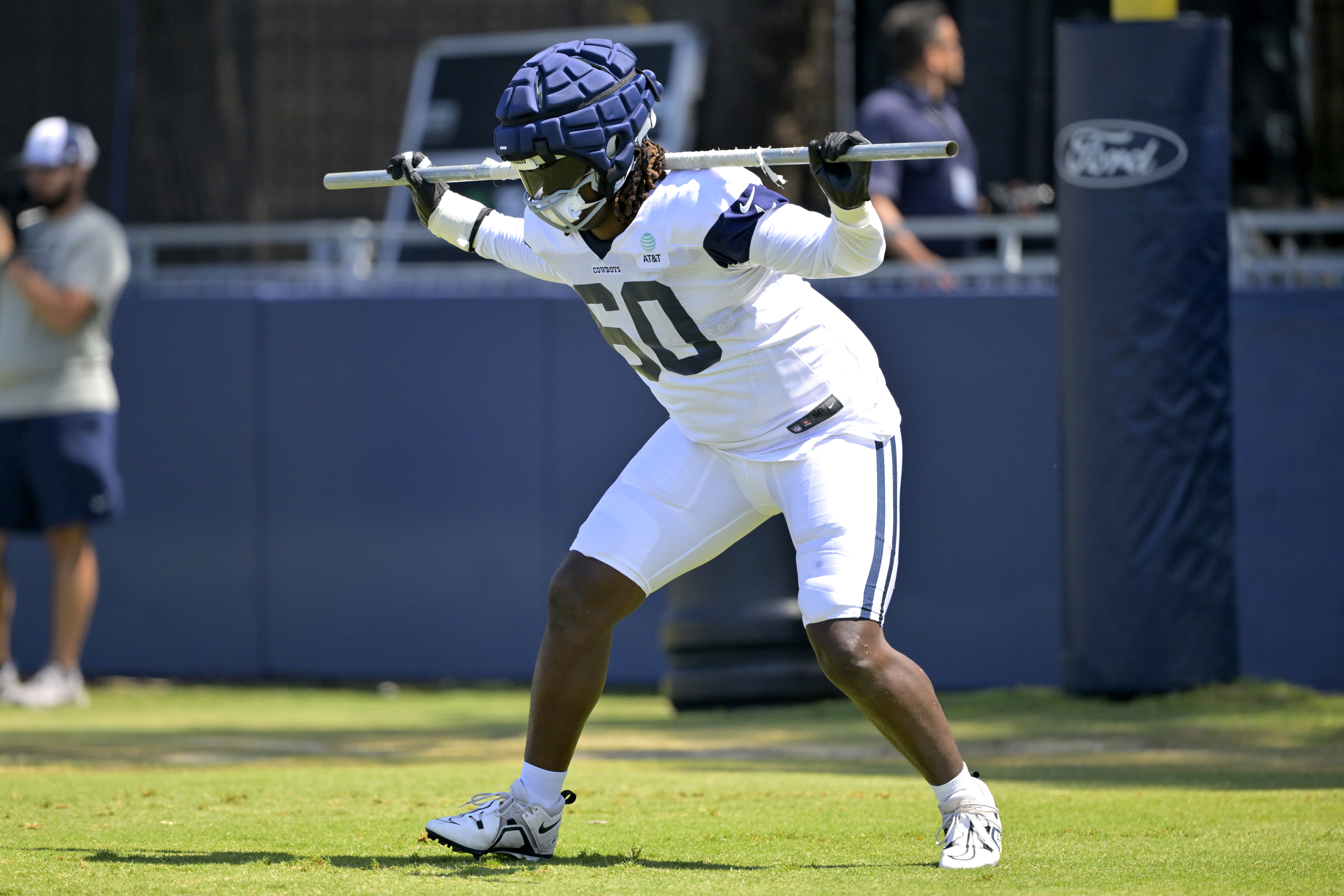 Dallas Cowboys offensive tackle Tyler Guyton participates in drills during NFL football training camp Wednesday, July 31, 2024, in Oxnard, Calif. 