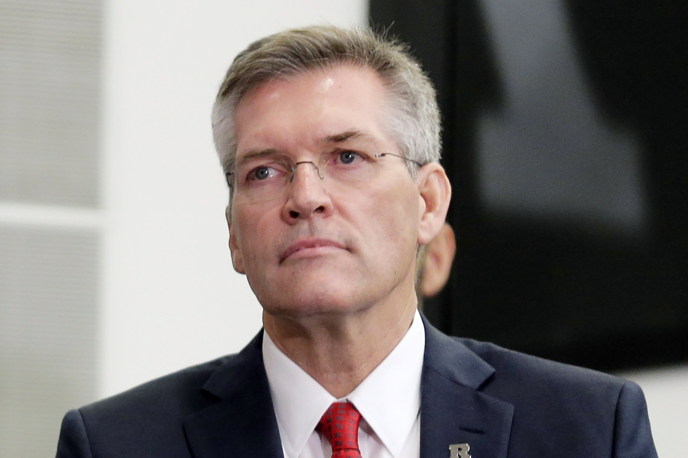 FILE - Rutgers athletic director Pat Hobbs is seen during a news conference in Piscataway, N.J., Dec. 4, 2019. 