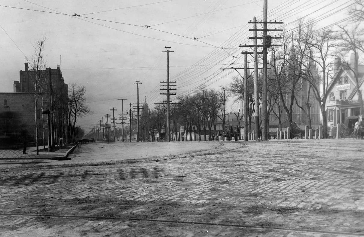 South Temple's cobblestone streets are pictured on March 29, 1904. Big downtown streets like South Temple and North Temple were among the few city roads that had cobblestone between the 1880s and 1910s before asphalt became normal in the city.