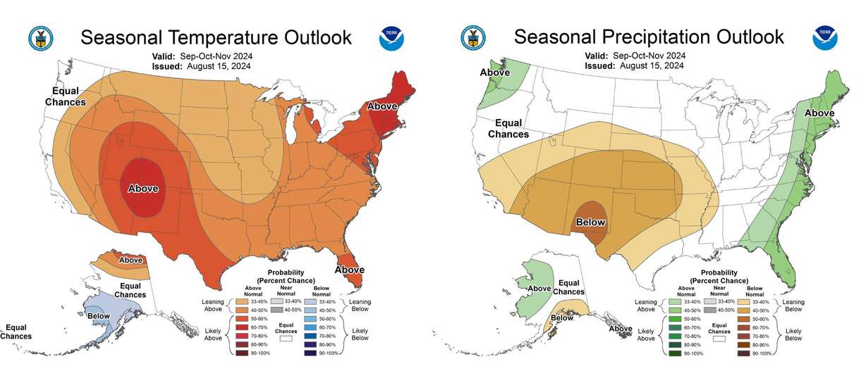 These maps show temperature and probabilities for the U.S. during the meteorological fall months of September, October and November. Utah has a greater chance of above-normal temperatures and below-normal precipitation, but the precipitation probabilities have improved from previous long-range outlooks.