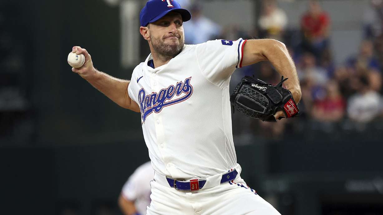 Texas Rangers starting pitcher Max Scherzer (31) delivers in the first inning of a baseball game against the Chicago White Sox Thursday, July 25, 2024, in Arlington, Texas.