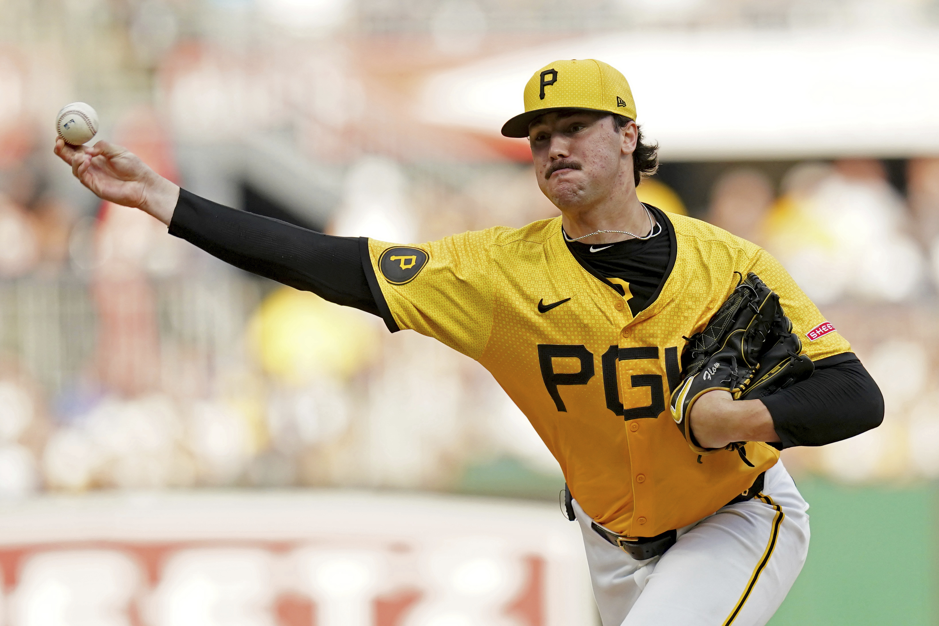 Pittsburgh Pirates starting pitcher Paul Skenes delivers during the second inning of a baseball game against the Seattle Mariners, Friday, Aug. 16, 2024, in Pittsburgh. 