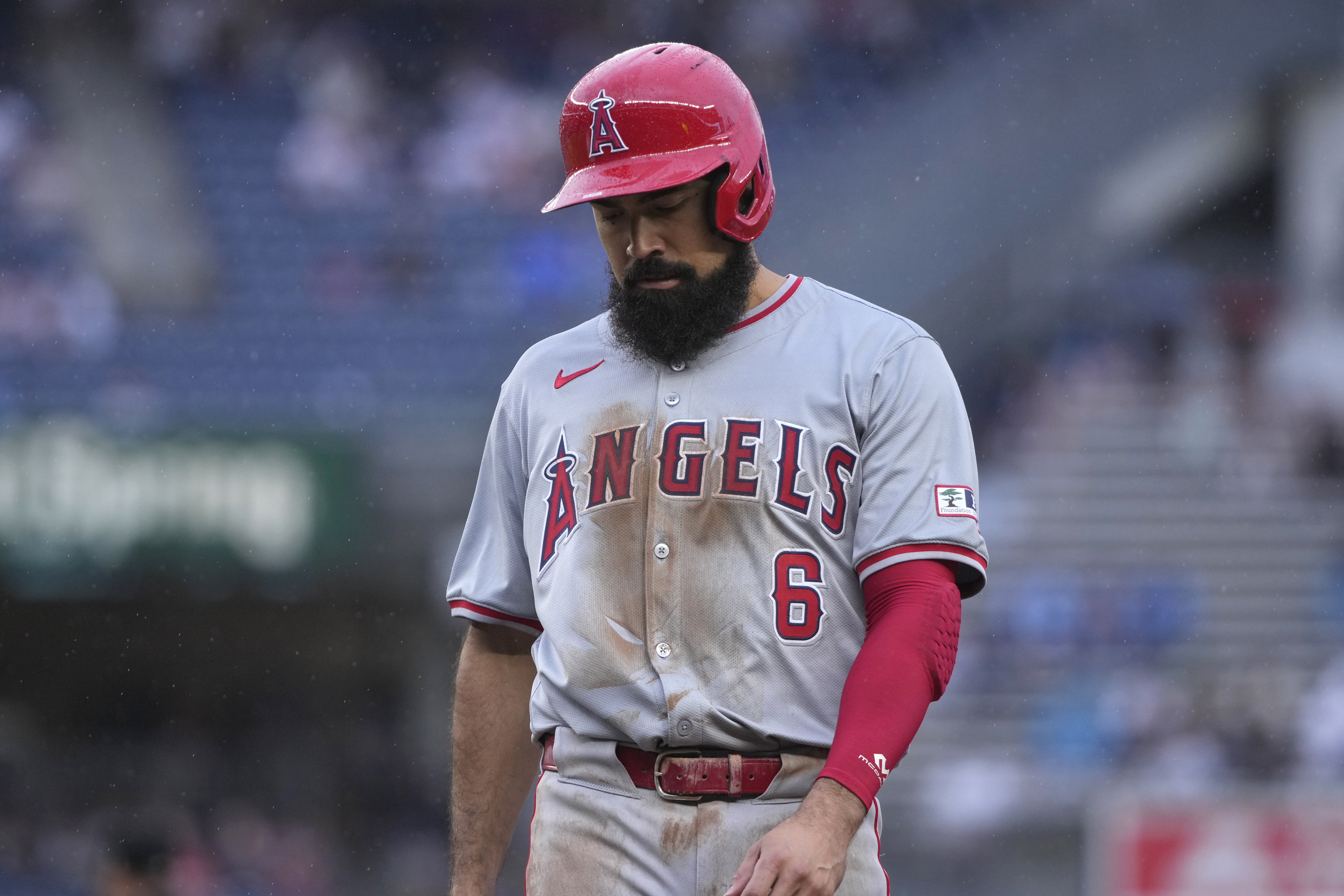 Los Angeles Angels' Anthony Rendon stands on first base during the fourth inning of the first baseball game of a doubleheader against the New York Yankees, Wednesday, Aug. 7, 2024, in New York. 