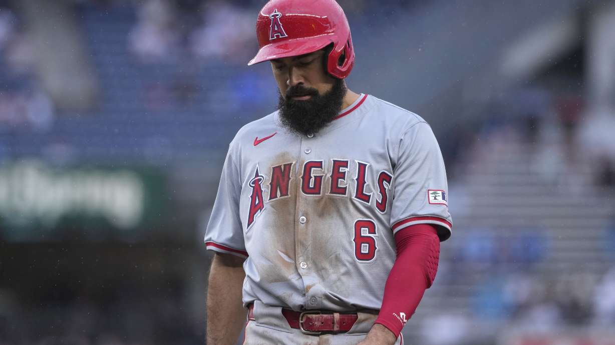 Los Angeles Angels' Anthony Rendon stands on first base during the fourth inning of the first baseball game of a doubleheader against the New York Yankees, Wednesday, Aug. 7, 2024, in New York.
