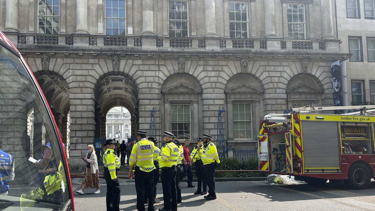 Emergency services work outside Somerset House in central London Saturday after a fire broke out at the large neoclassical arts venue.