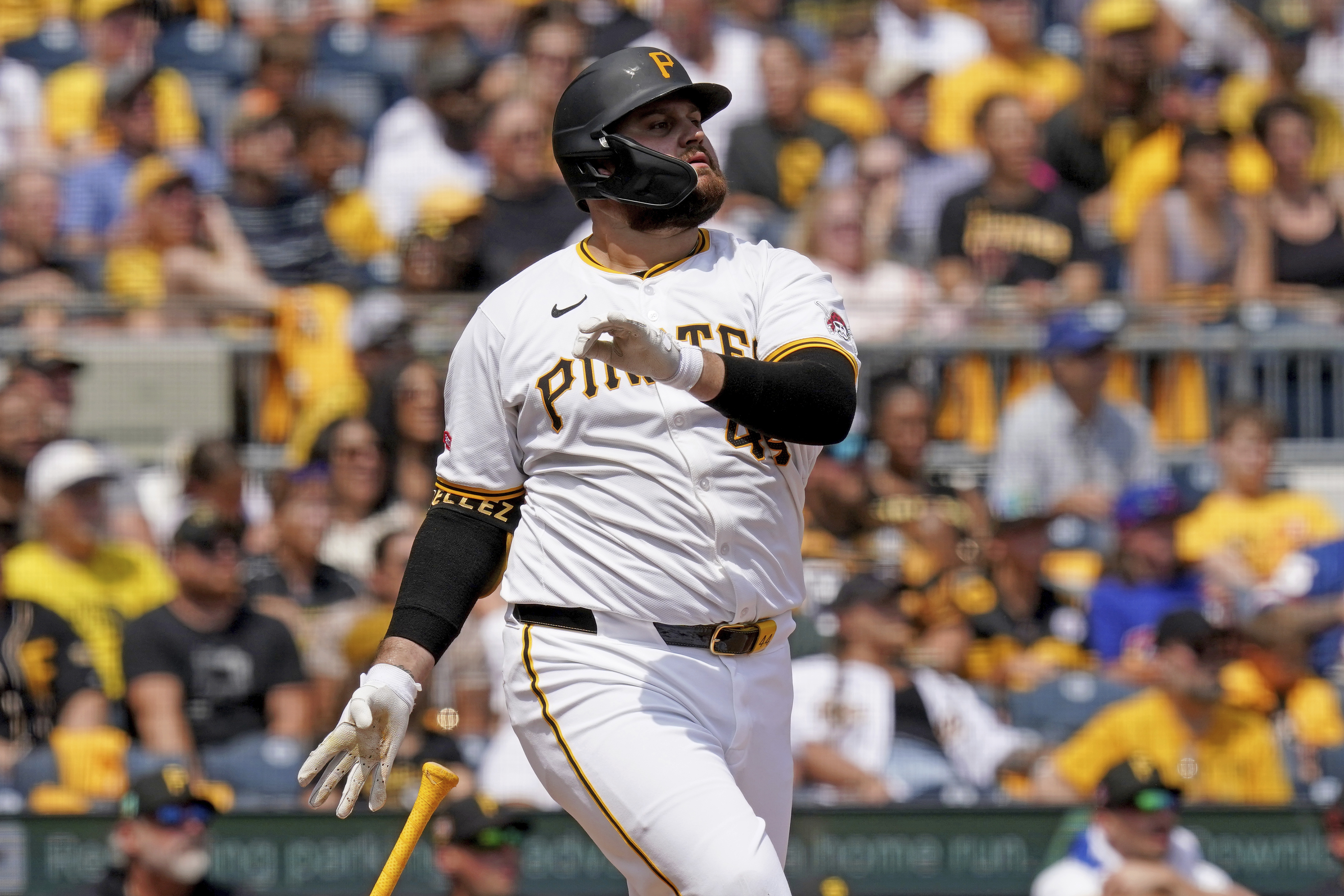 Pittsburgh Pirates' Rowdy Tellez watches his two-run home run during the fourth inning of a baseball game against the Seattle Mariners, Saturday, Aug. 17, 2024, in Pittsburgh.