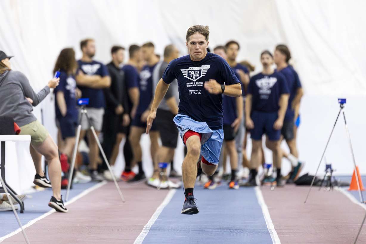 Sam Cushing, of Logan, participates in the 40-meter sprint during a recruiting combine for the USA Bobsled and Skeleton Teams held at the Utah Olympic Oval in Kearns on Saturday.