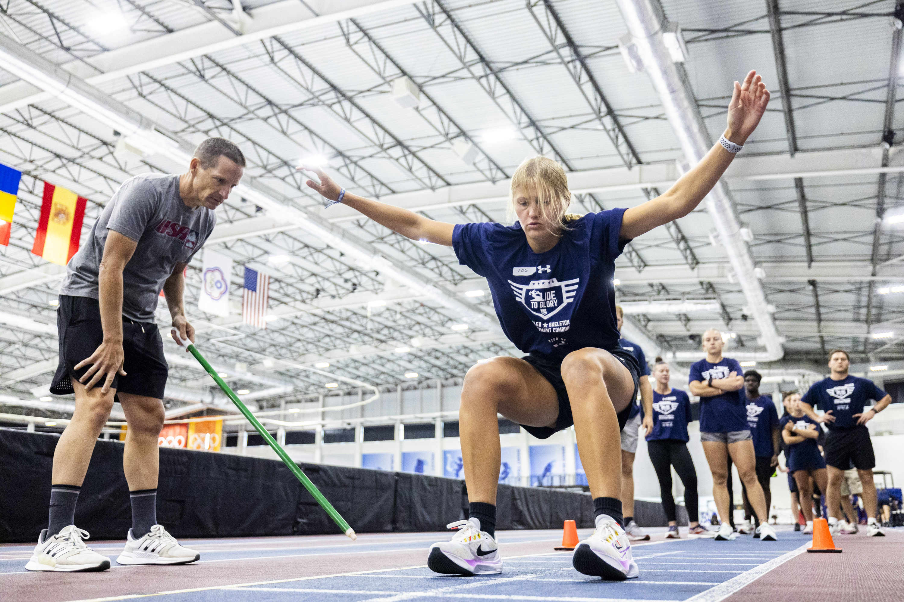 Chelsea Peterson, of Orem, participates in the standing long jump during a recruiting combine for the USA Bobsled and Skeleton Teams held at the Utah Olympic Oval in Kearns on Saturday.