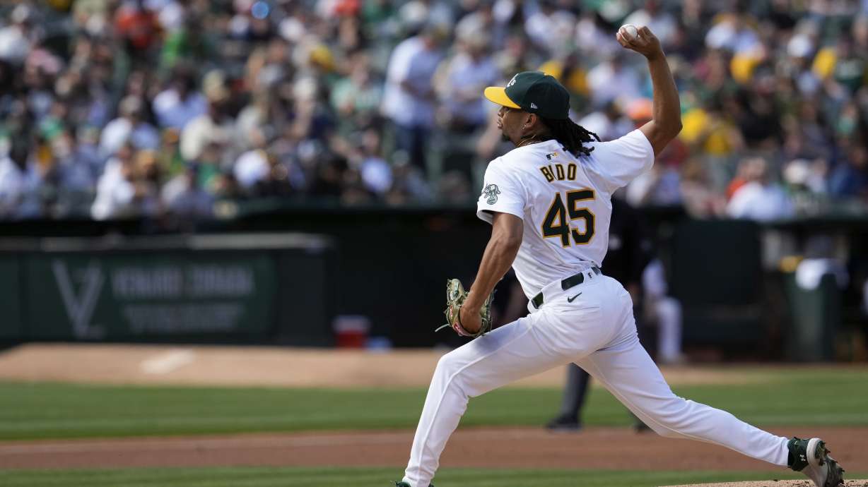 Oakland Athletics' Osvaldo Bido pitches to a San Francisco Giants batter during the first inning of a baseball game Saturday, Aug. 17, 2024, in Oakland, Calif.