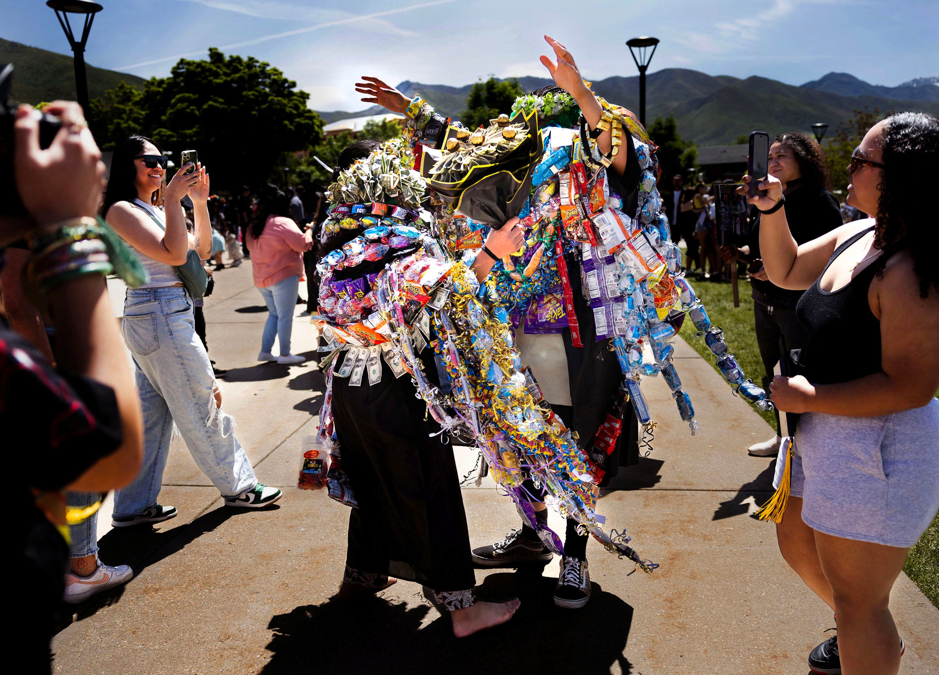 Horizonte Instruction and Training Center students dance during graduation celebrations at the Huntsman Center in Salt Lake City on May 31. The wearing of leis is a Pacific Islander tradition that symbolizes love, luck and pride and to honor ancestors. Utah has one of the largest Native Hawaiian and Pacific Islander populations in the country.