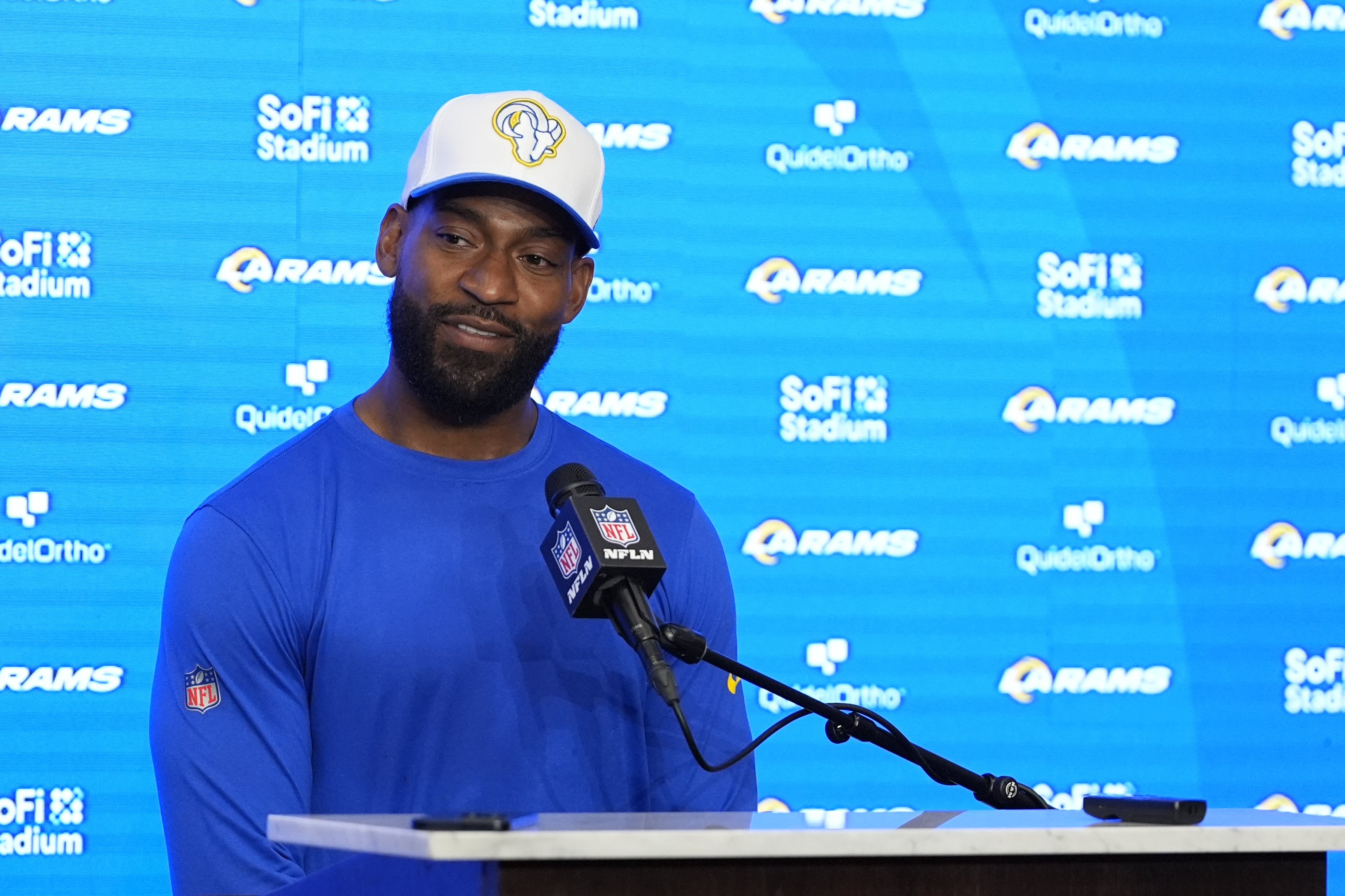 Los Angeles Rams coach Aubrey Pleasant fields questions after a preseason NFL football game against the Los Angeles Chargers, Saturday, Aug. 17, 2024, in Inglewood, Calif. 