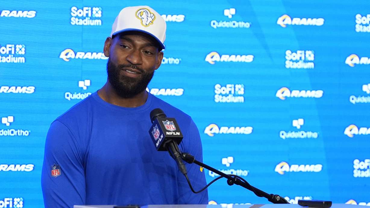 Los Angeles Rams coach Aubrey Pleasant fields questions after a preseason NFL football game against the Los Angeles Chargers, Saturday, Aug. 17, 2024, in Inglewood, Calif.
