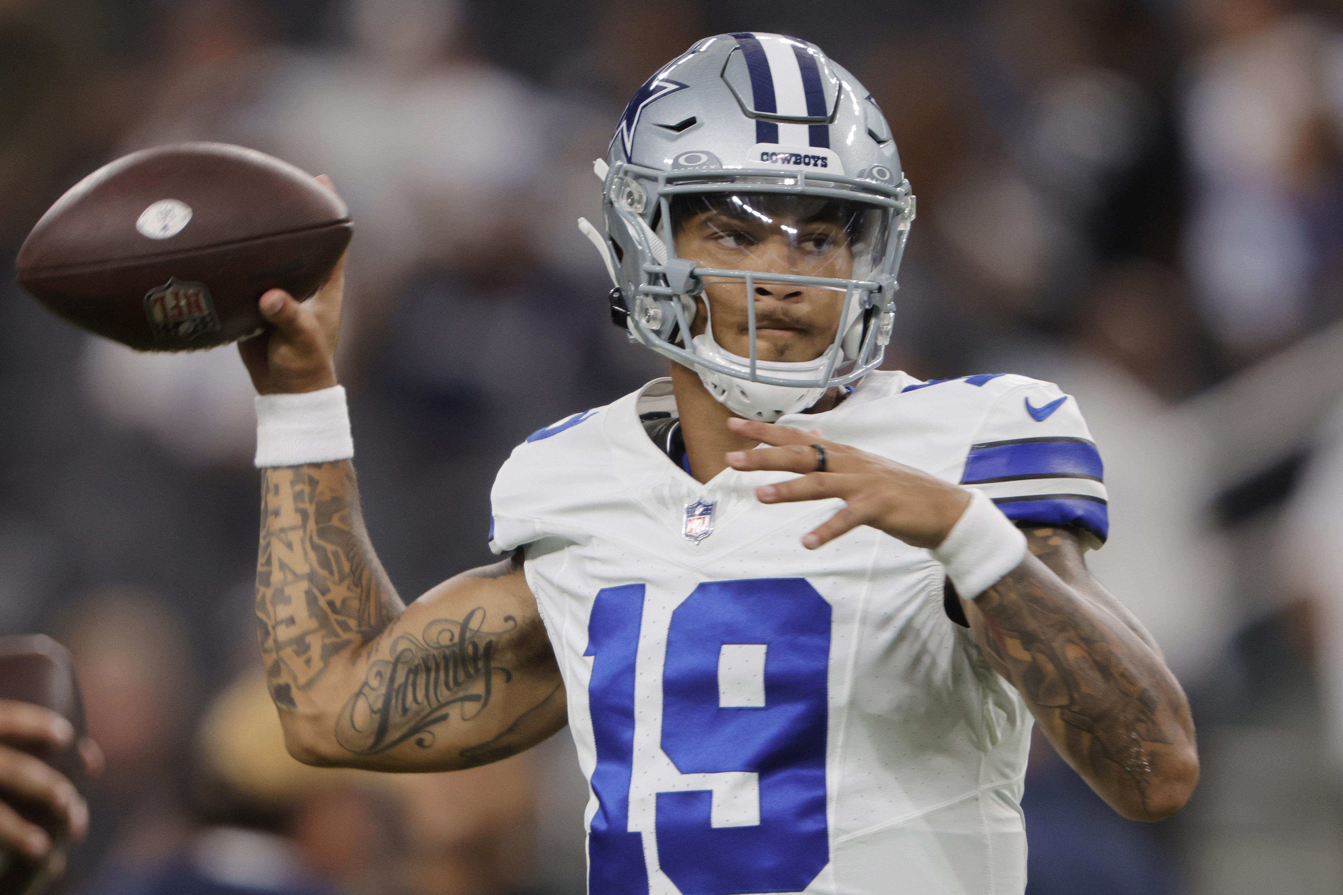 Dallas Cowboys quarterback Trey Lance warms up before an NFL preseason football game against the Las Vegas Raiders, Saturday, Aug. 17, 2024, in Las Vegas. 