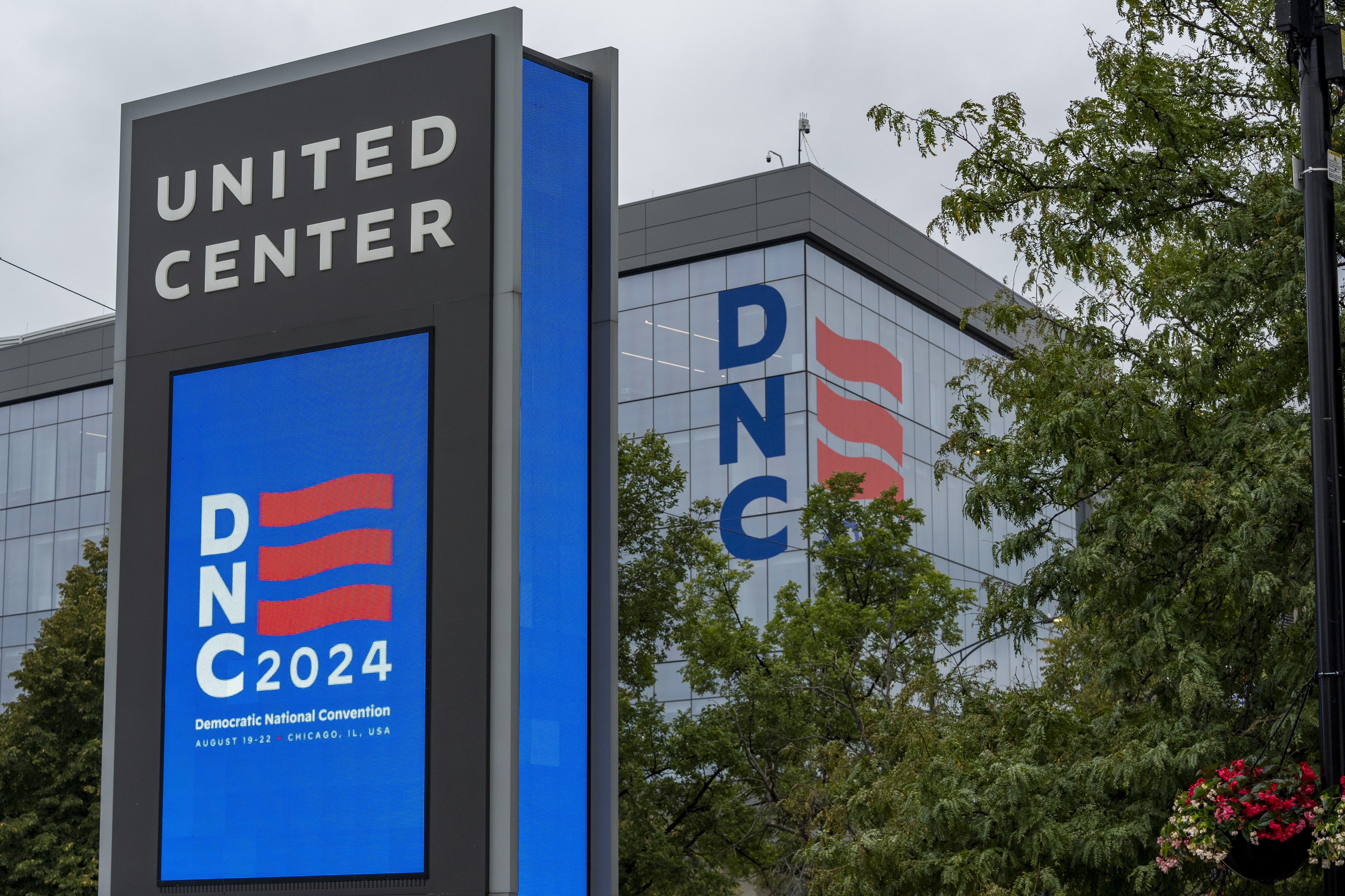 Work continues at the United Center before the upcoming Democratic National Convention, Thursday, in Chicago. The Democratic National Convention kicks off this week, with delegates and officials descending on Chicago to formally nominate Vice President Kamala Harris as their nominee. 