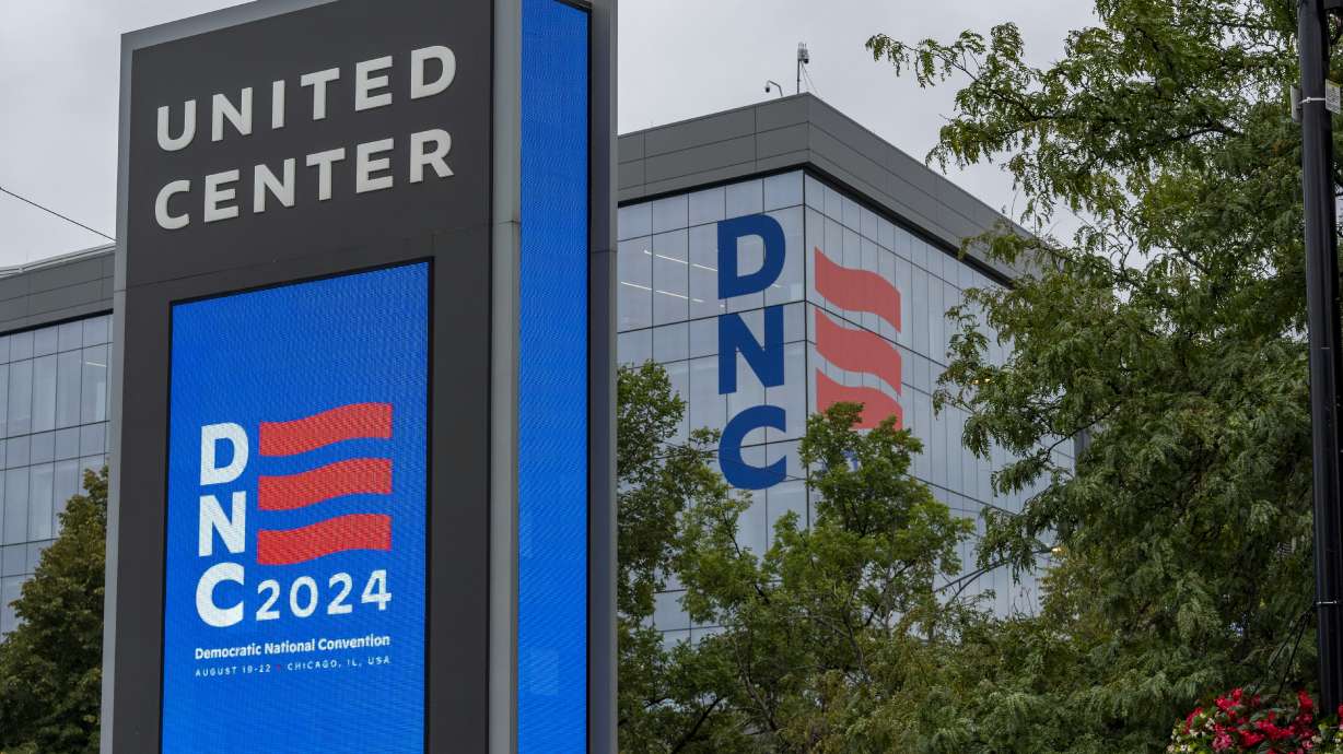 Work continues at the United Center before the upcoming Democratic National Convention, Thursday, in Chicago. The Democratic National Convention kicks off this week, with delegates and officials descending on Chicago to formally nominate Vice President Kamala Harris as their nominee.