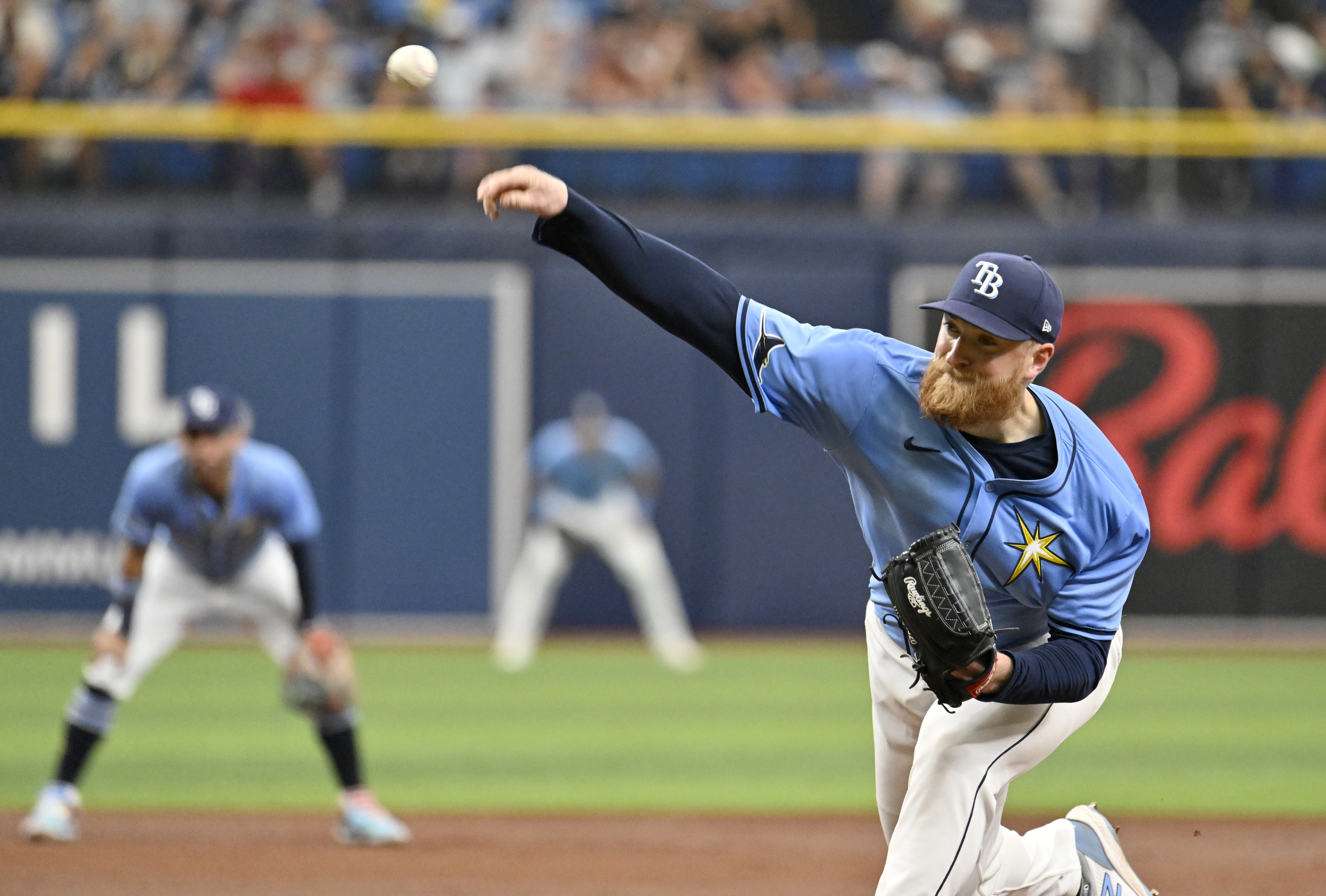 Tampa Bay Rays pitcher Drew Rasmussen throws against the Arizona Diamondbacks during the first inning of a baseball game Sunday, Aug. 18, 2024, in St. Petersburg, Fla. 