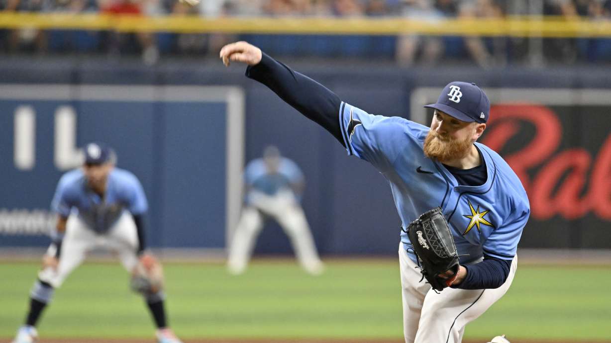 Tampa Bay Rays pitcher Drew Rasmussen throws against the Arizona Diamondbacks during the first inning of a baseball game Sunday, Aug. 18, 2024, in St. Petersburg, Fla.