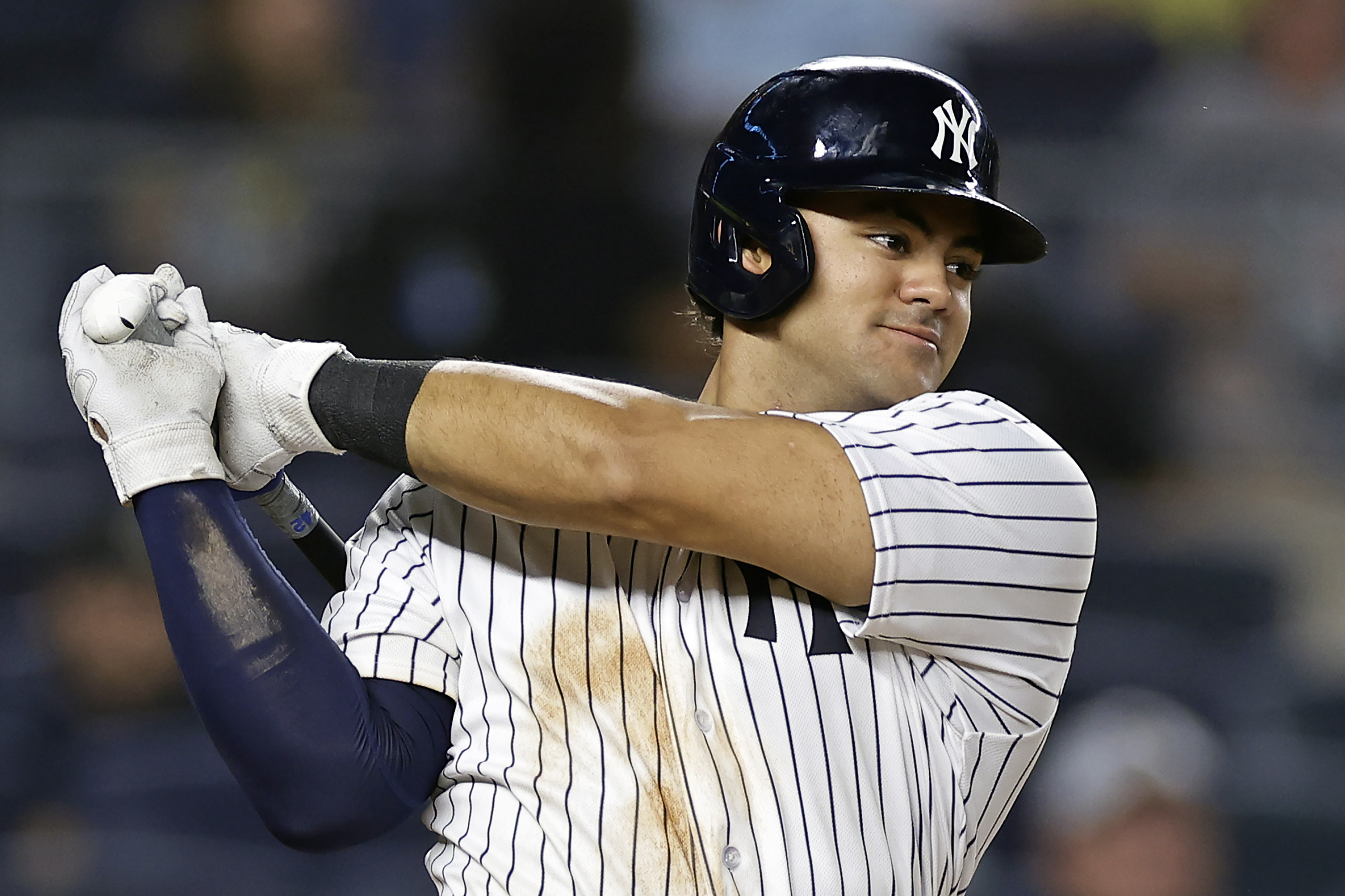 FILE - New York Yankees' Jasson Dominguez takes an at-bat against the Milwaukee Brewers during the eighth inning of a baseball game Sept. 8, 2023, in New York.