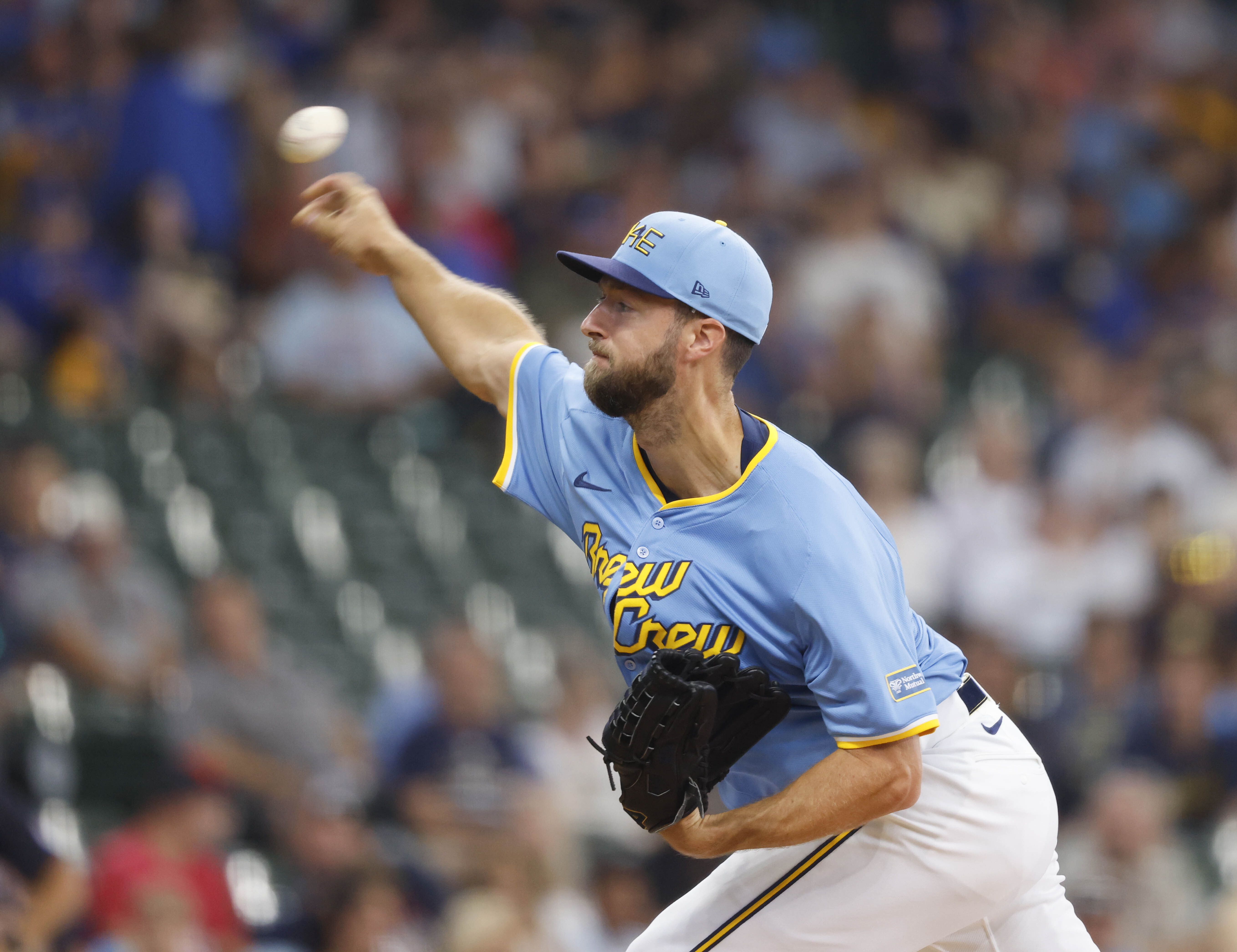 Milwaukee Brewers starting pitcher Colin Rea throws to the Cleveland Guardians during the first inning of a baseball game against the Cleveland Guardians, Sunday, Aug. 18, 2024, in Milwaukee. 