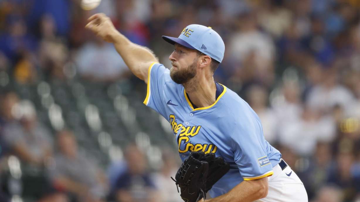 Milwaukee Brewers starting pitcher Colin Rea throws to the Cleveland Guardians during the first inning of a baseball game against the Cleveland Guardians, Sunday, Aug. 18, 2024, in Milwaukee.
