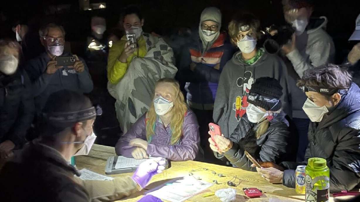 A biologist shows participants a bat while checking the bat as part of a survey Friday night at Alta Ski Resort, where they participated in an event meant to teach them something new about Utah’s bat population.