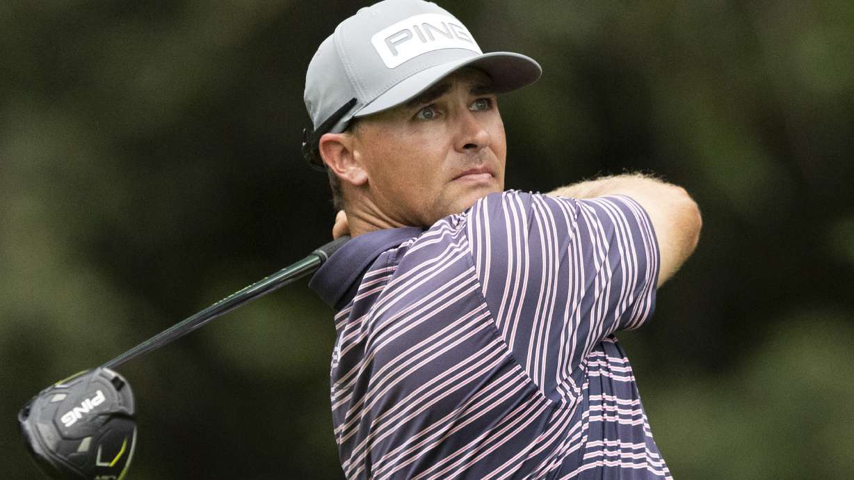 Derek Fribbs, from Aurora, Colorado, looks on after hitting a drive during the Utah Open at Riverside Country Club in Provo on Sunday, Aug. 18, 2024.