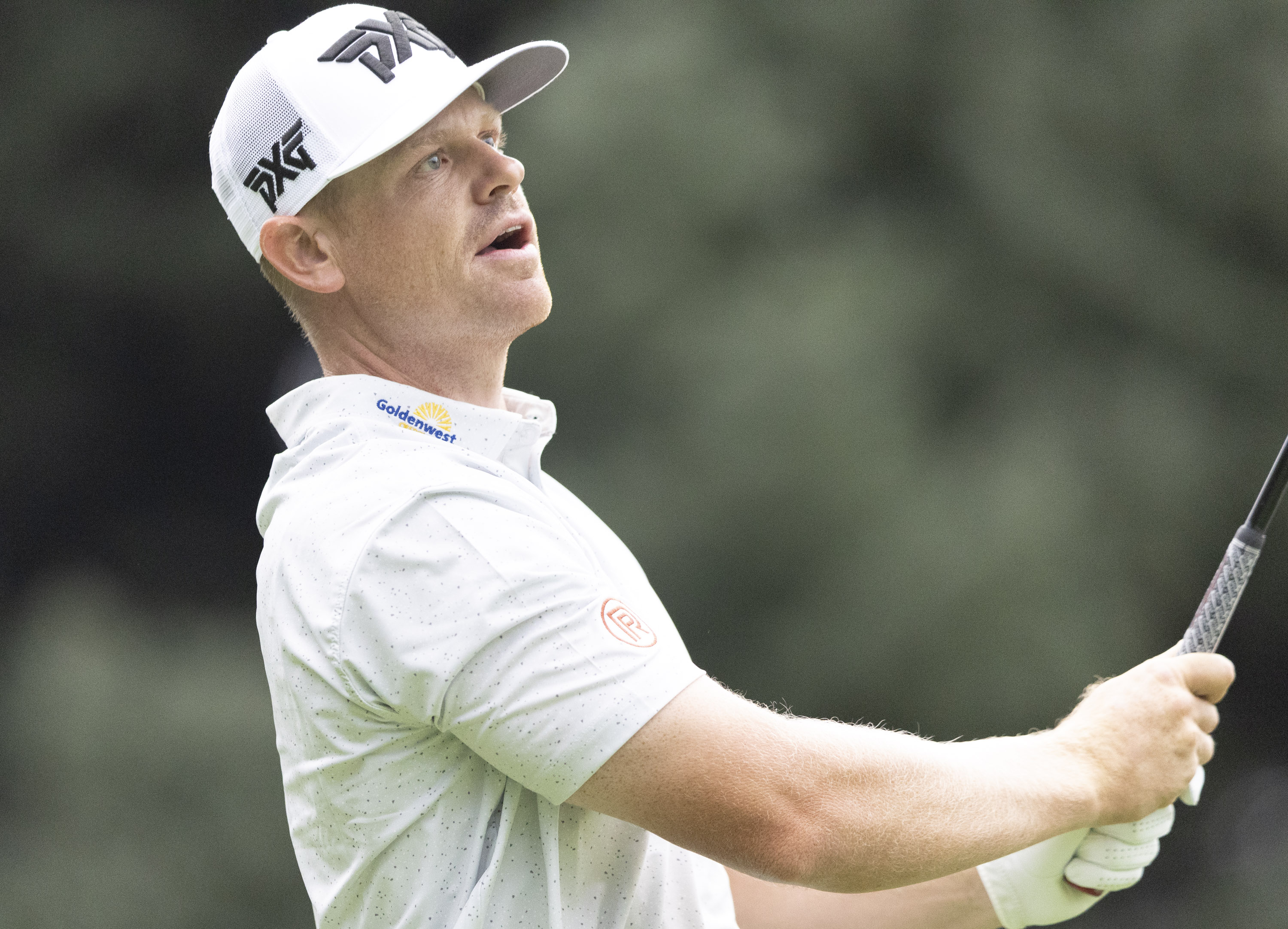 Former BYU golfer Patrick Fishburn, of Ogden, watches for his ball to land after hitting a drive during the Utah Open at Riverside Country Club in Provo on Sunday, Aug. 18, 2024.