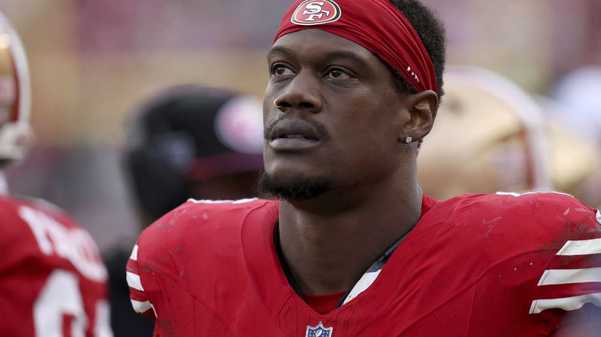FILE - San Francisco 49ers linebacker Randy Gregory on the sideline during an NFL football game against the Seattle Seahawks, Dec. 10, 2023, in Santa Clara, Calif. Gregory was a no-show for the start of Tampa Bay Buccaneers training camp and placed on the Reserve/Did Not Report list Tuesday, July 23, 2024.