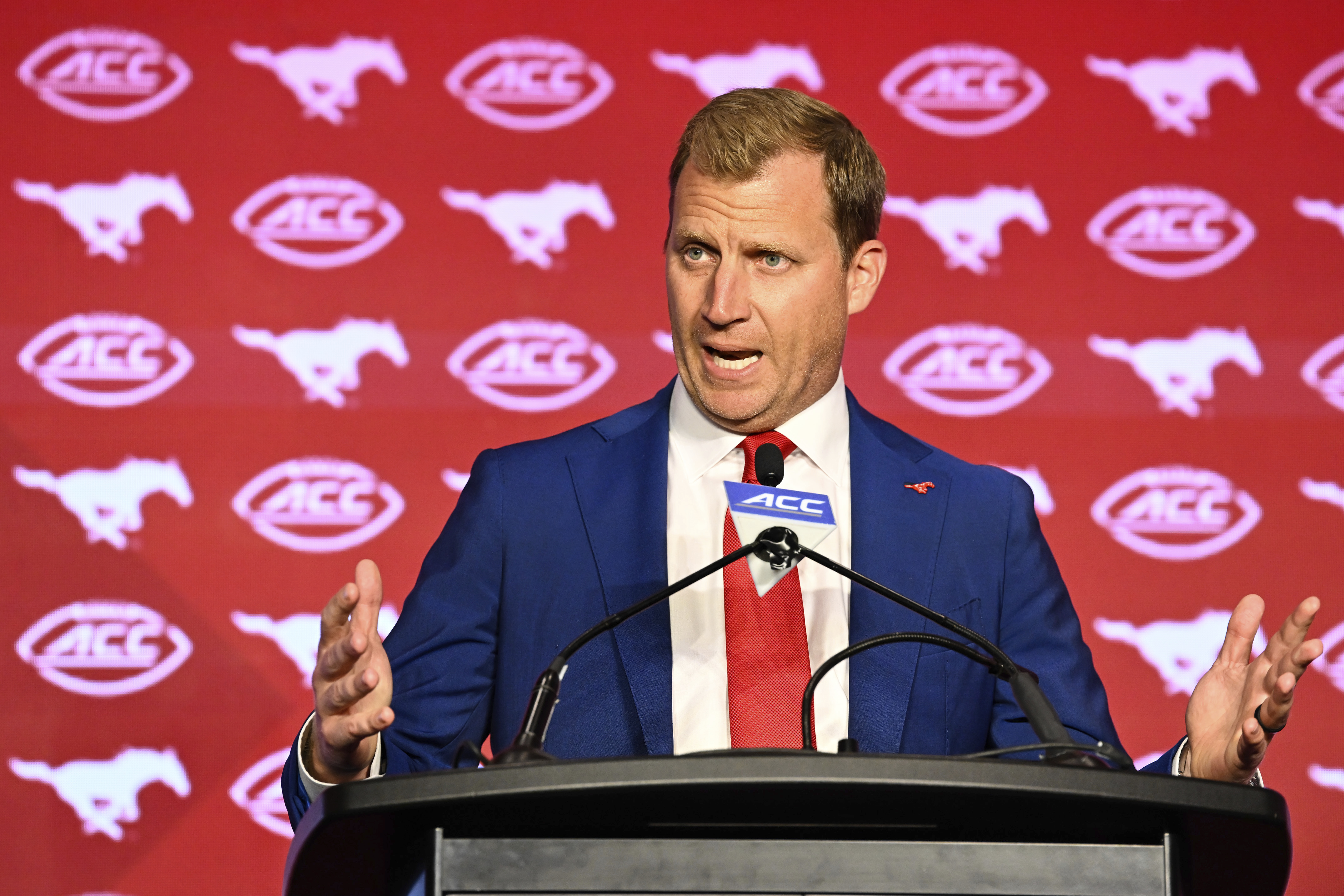 SMU head coach Rhett Lashlee speaks during the Atlantic Coast Conference NCAA college football media days, Monday, July 22, 2024, in Charlotte, N.C. 