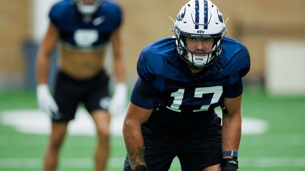 BYU linebacker Jack Kelly, a recent Weber State transfer from Kearns, lines up during practice, Aug. 12, 2024 in the Indoor Practice Facility in Provo.