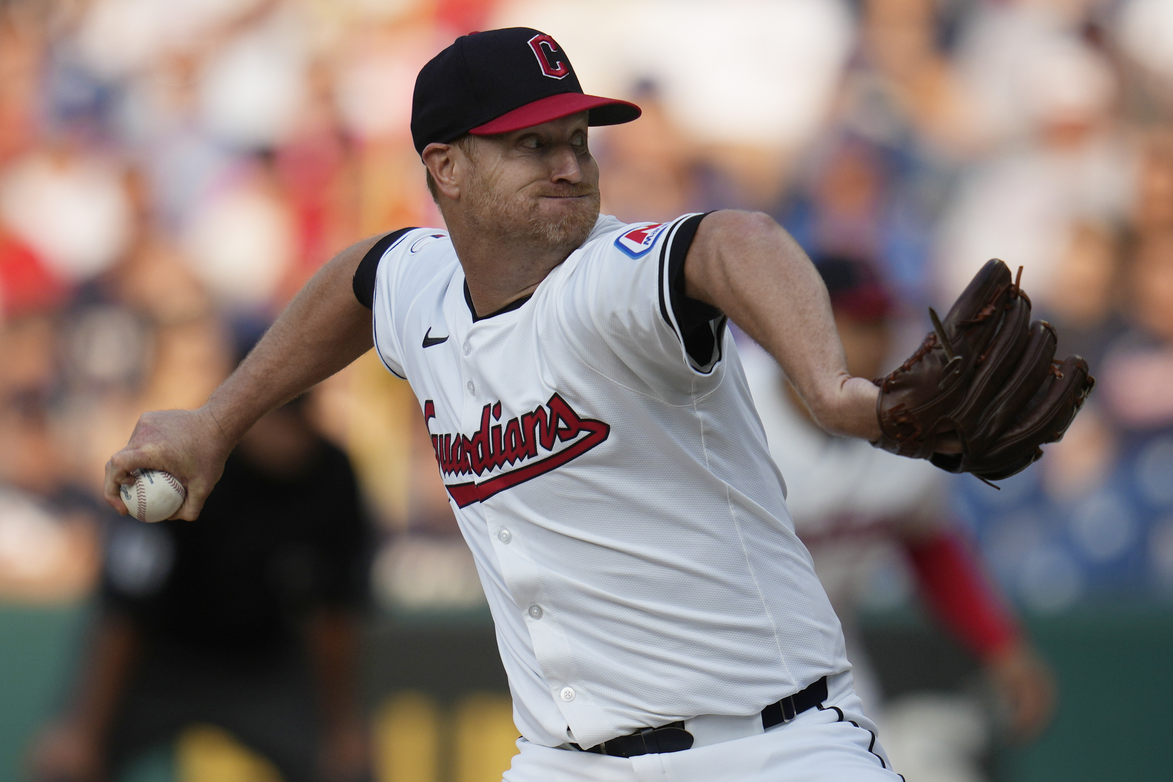 Cleveland Guardians' Alex Cobb pitches in the first inning of a baseball game against the Chicago Cubs, Wednesday, Aug. 14, 2024, in Cleveland.
