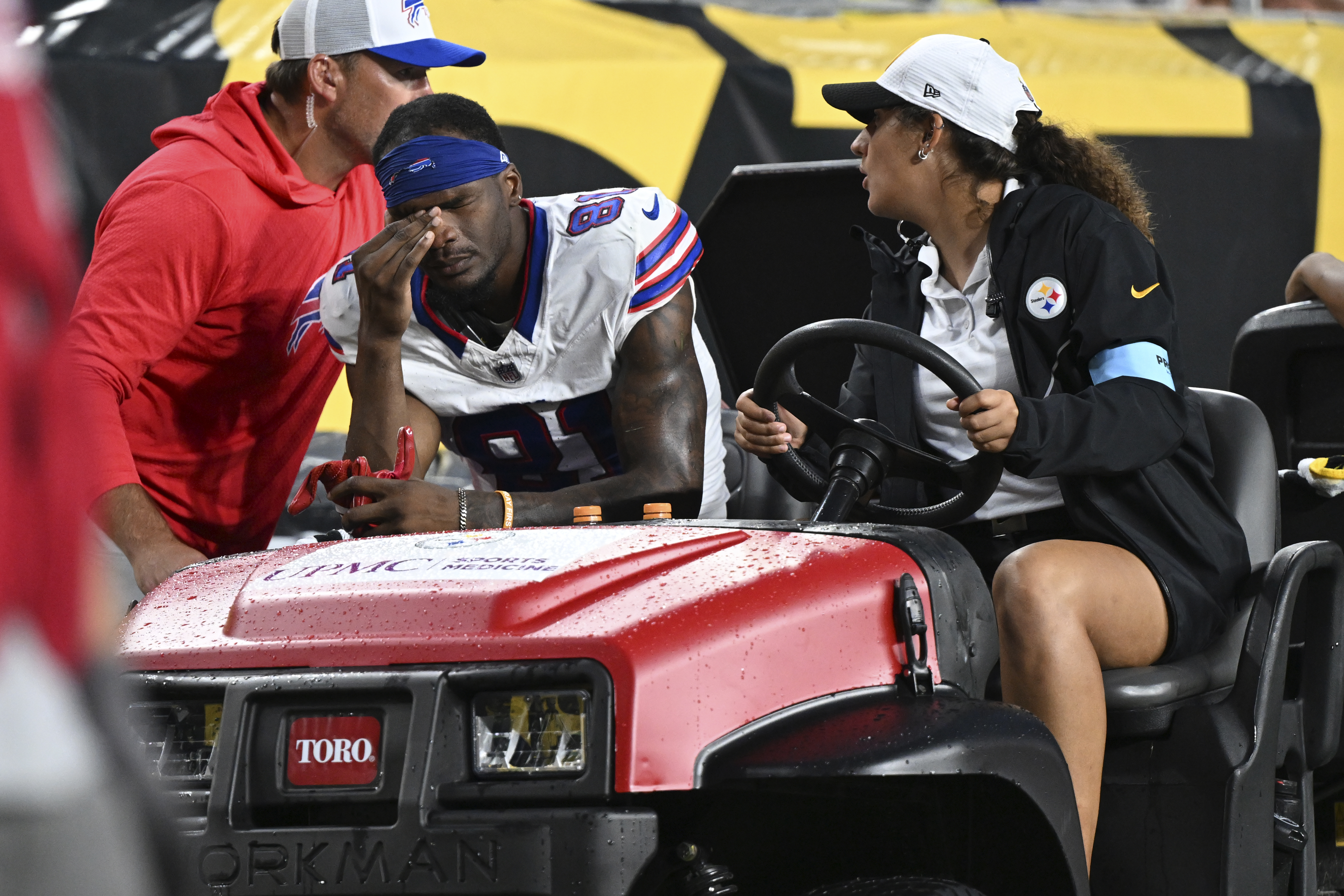 Buffalo Bills wide receiver Marquez Valdes-Scantling (81) is driven off the field during the second half of an NFL preseason football game against the Pittsburgh Steelers, Saturday, Aug. 17, 2024, in Pittsburgh.
