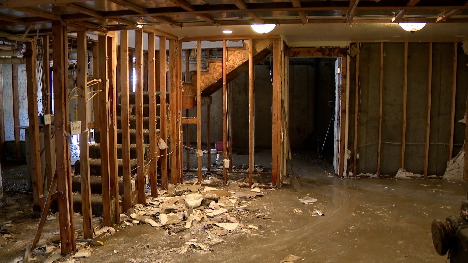 Preston and Robyn Cox’s basement flooded on Sunday in Fountain Green. It is seen here on Monday as cleanup continued.