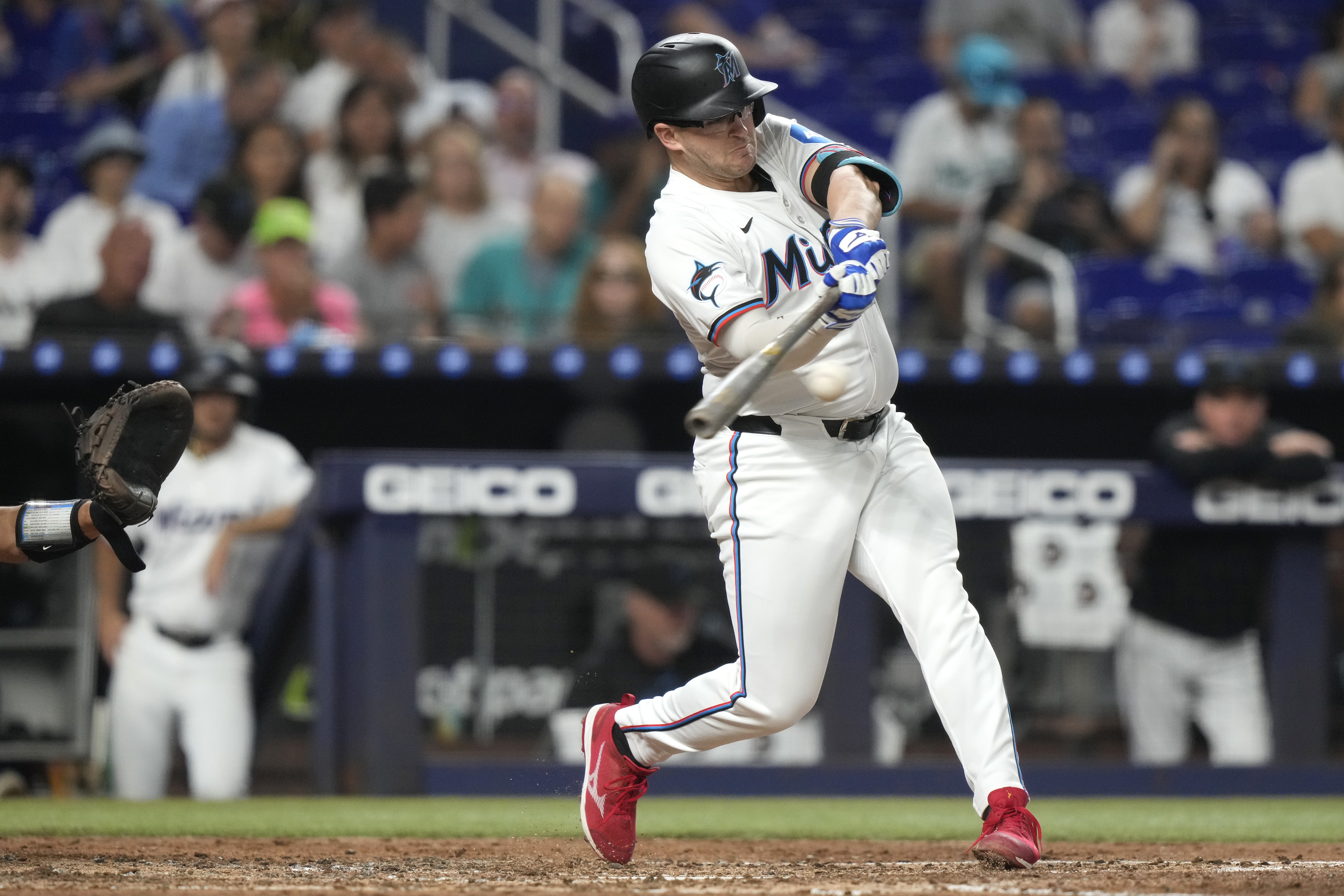 Miami Marlins' Jonah Bride hits a single during third inning the of a baseball game against the Arizona Diamondbacks, Monday, Aug. 19, 2024, in Miami. 