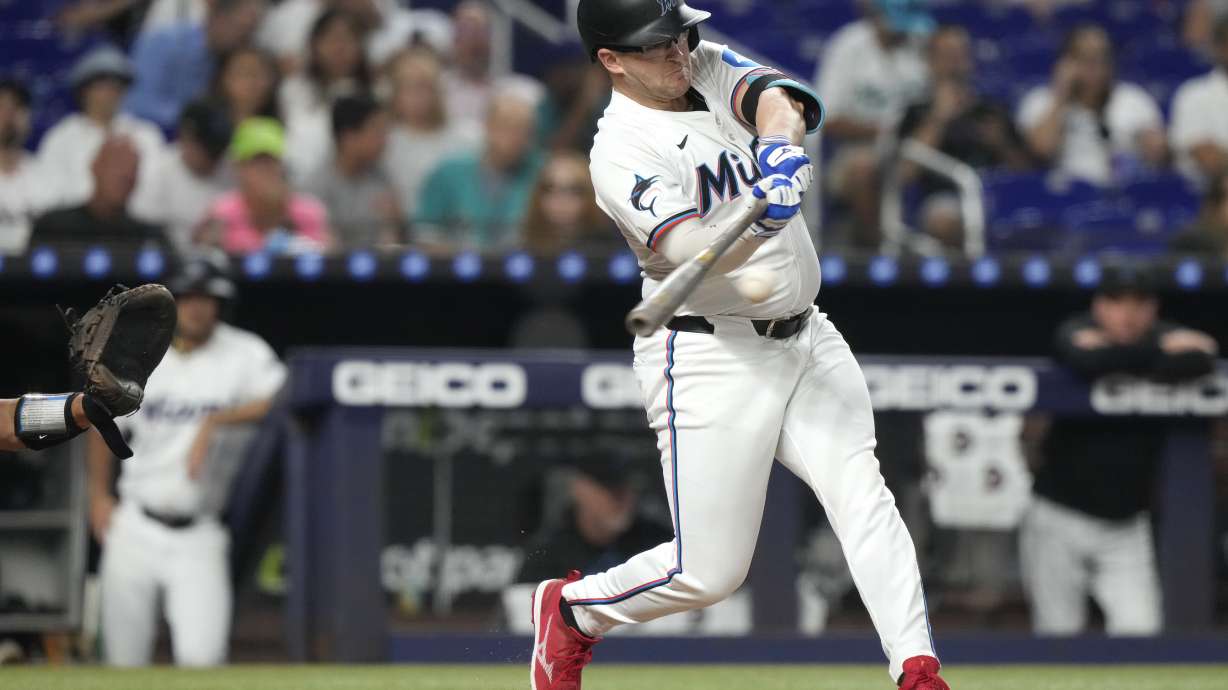 Miami Marlins' Jonah Bride hits a single during third inning the of a baseball game against the Arizona Diamondbacks, Monday, Aug. 19, 2024, in Miami.