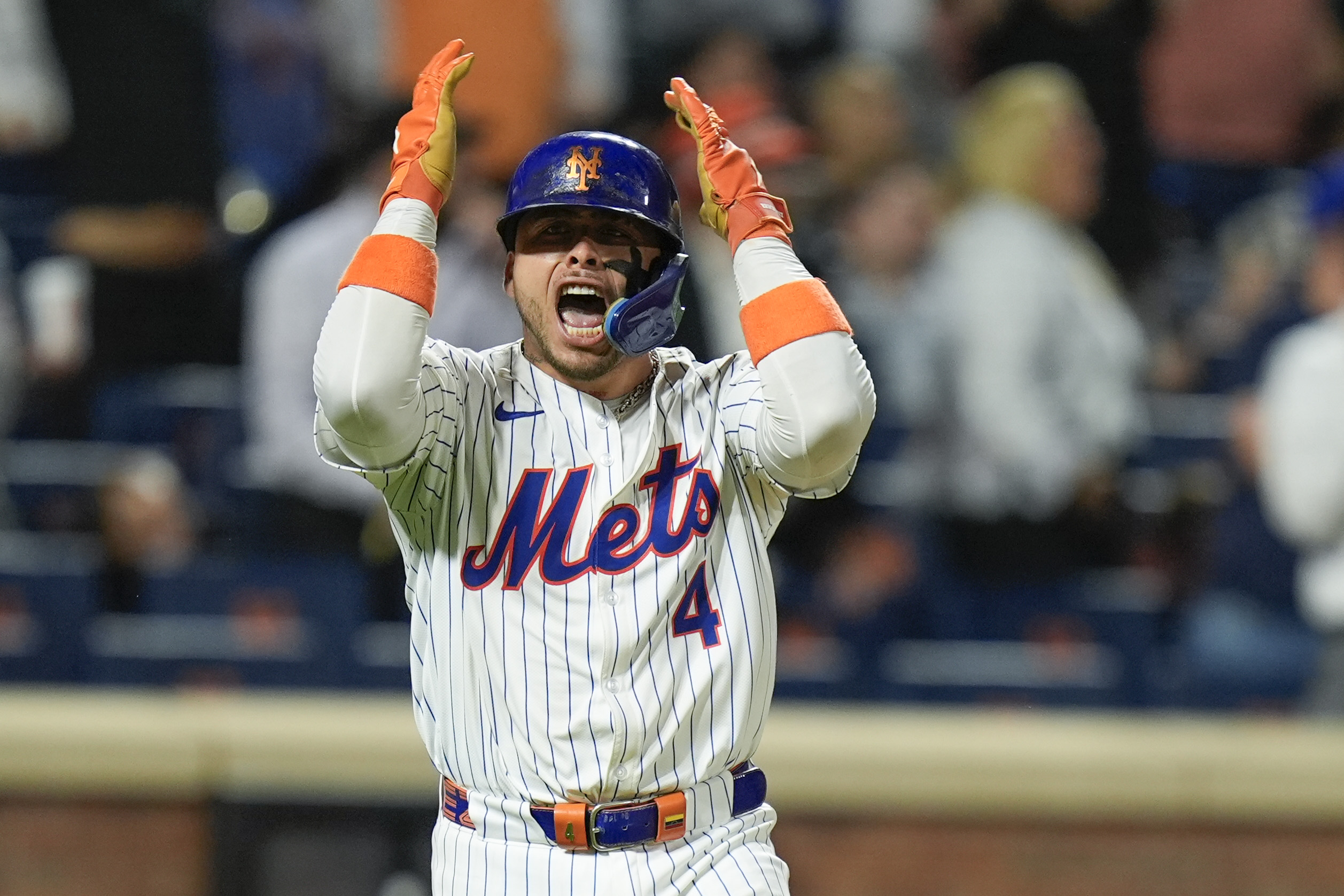 New York Mets' Francisco Alvarez reacts after hitting a walk off home run during the ninth inning of a baseball game against the Baltimore Orioles at Citi Field, Monday, Aug. 19, 2024, in New York. The Mets defeated the Orioles 4-3. 