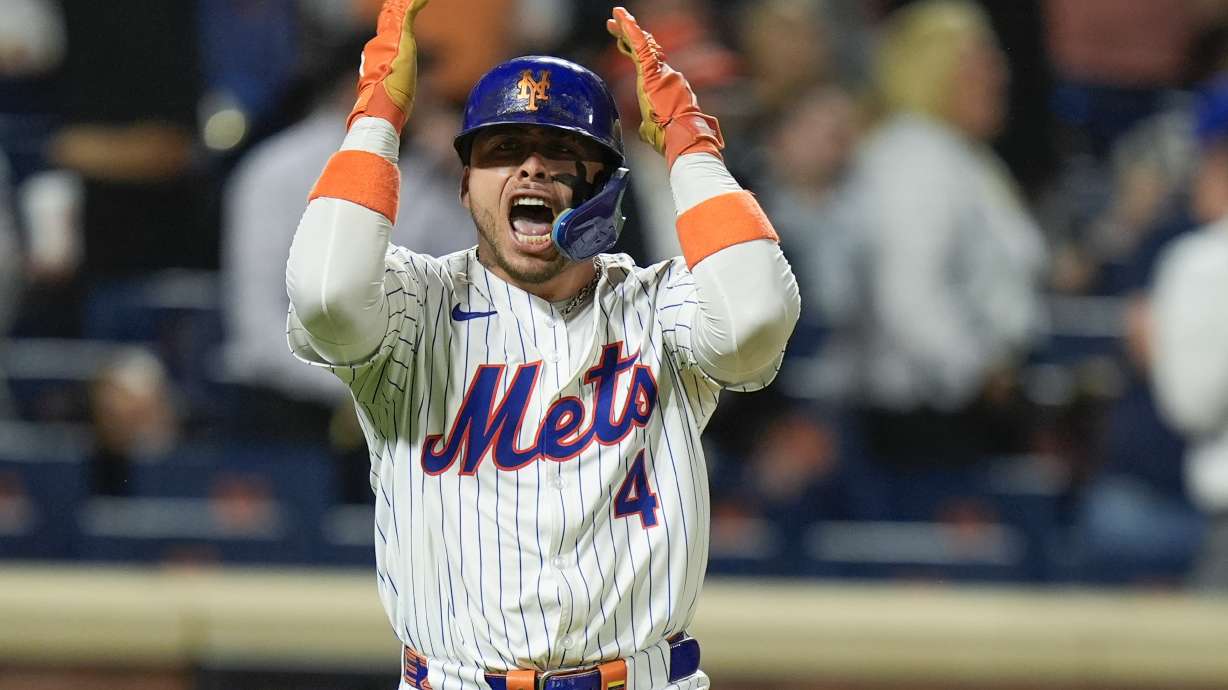 New York Mets' Francisco Alvarez reacts after hitting a walk off home run during the ninth inning of a baseball game against the Baltimore Orioles at Citi Field, Monday, Aug. 19, 2024, in New York. The Mets defeated the Orioles 4-3.