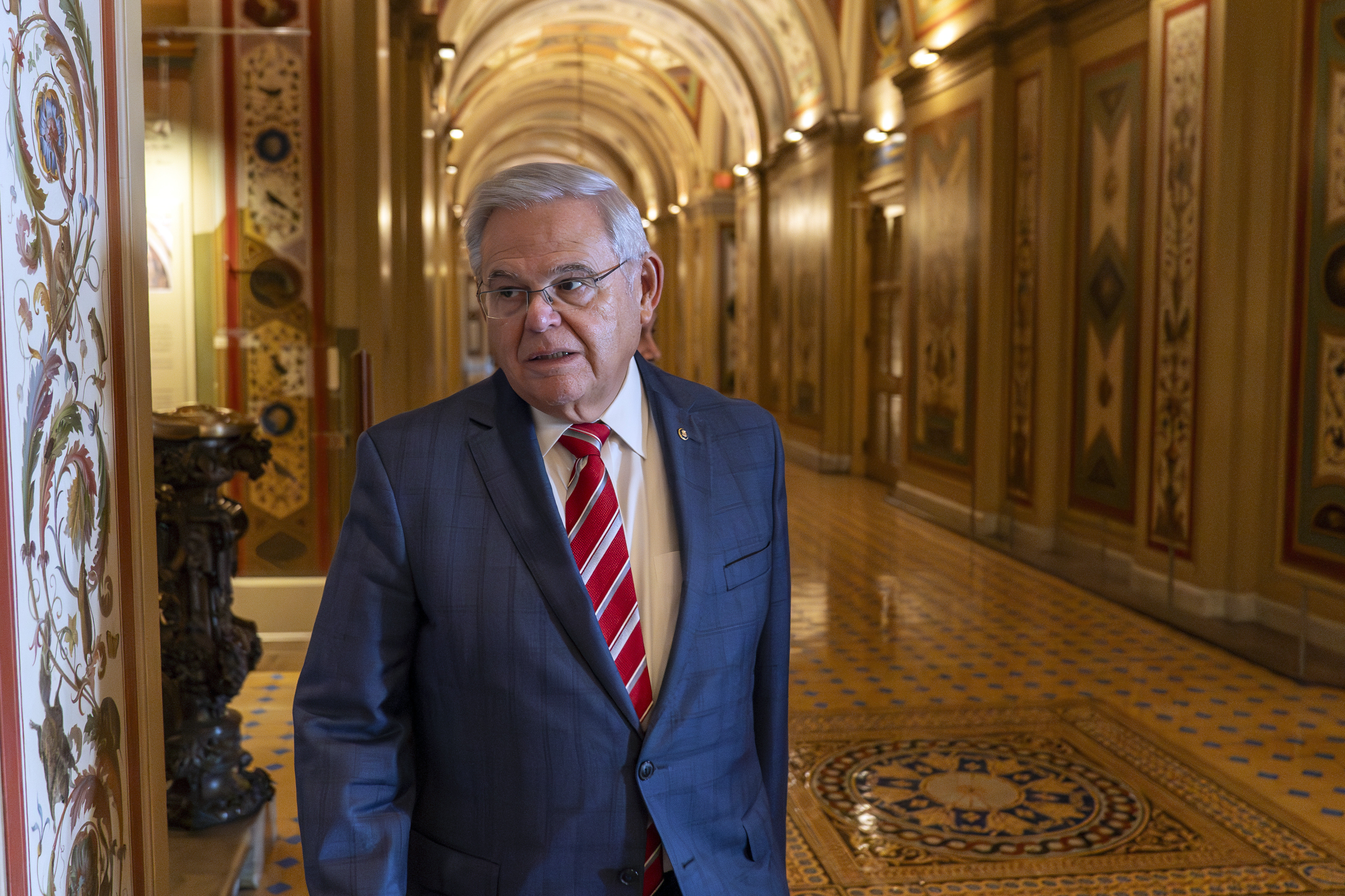 Sen. Bob Menendez, D-N.J., departs the Senate floor in the Capitol, Sept. 28, 2023, in Washington. Menendez's Senate career has come to a close, about a month after a jury convicted him on federal bribery charges.