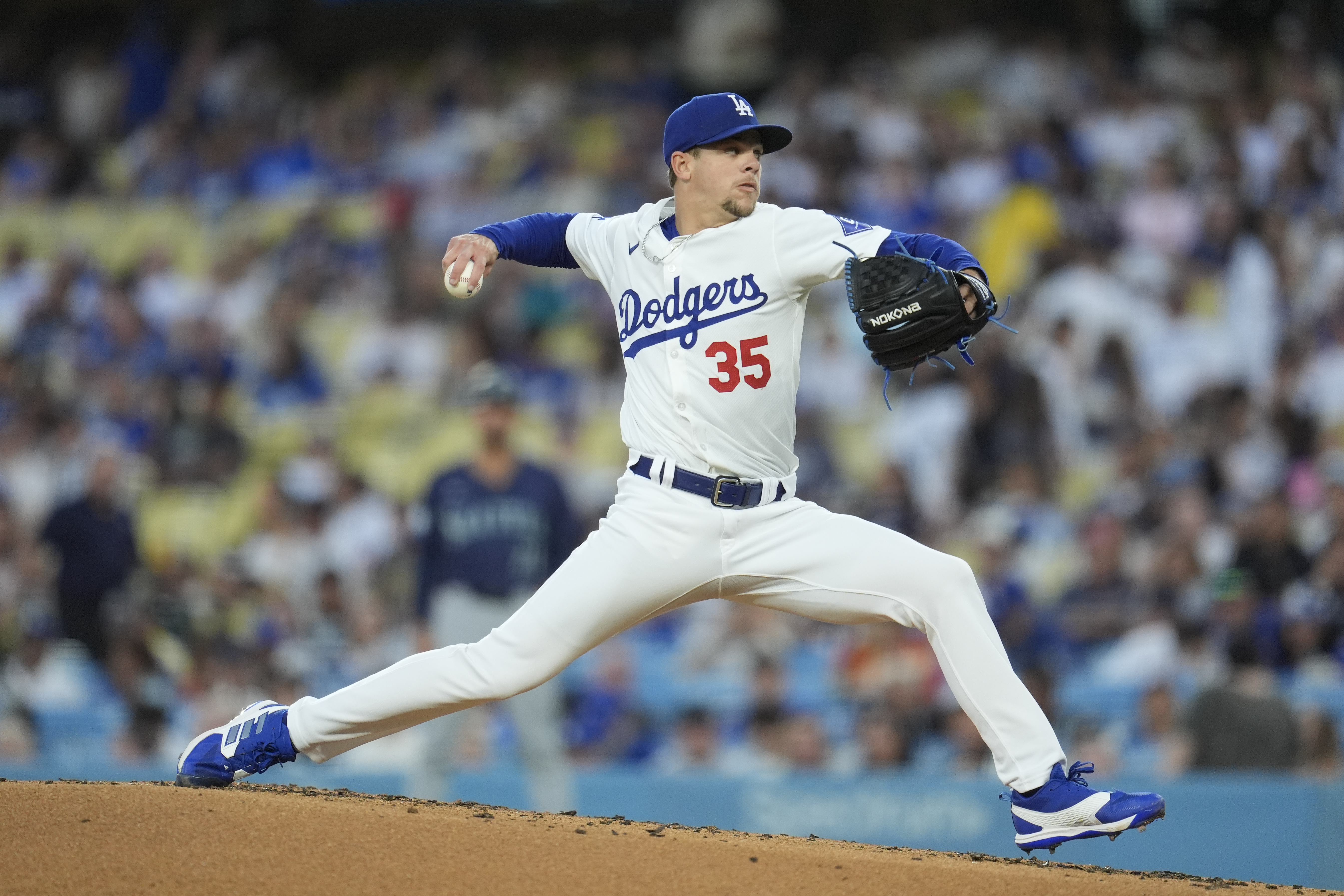 Los Angeles Dodgers pitcher Gavin Stone throws to a Los Angeles Dodgers batter during the second inning of a baseball game Monday, Aug. 19, 2024, in Los Angeles. 