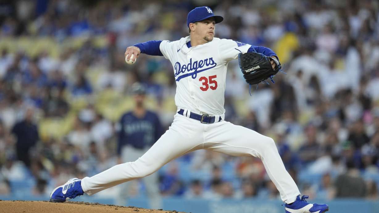Los Angeles Dodgers pitcher Gavin Stone throws to a Los Angeles Dodgers batter during the second inning of a baseball game Monday, Aug. 19, 2024, in Los Angeles.