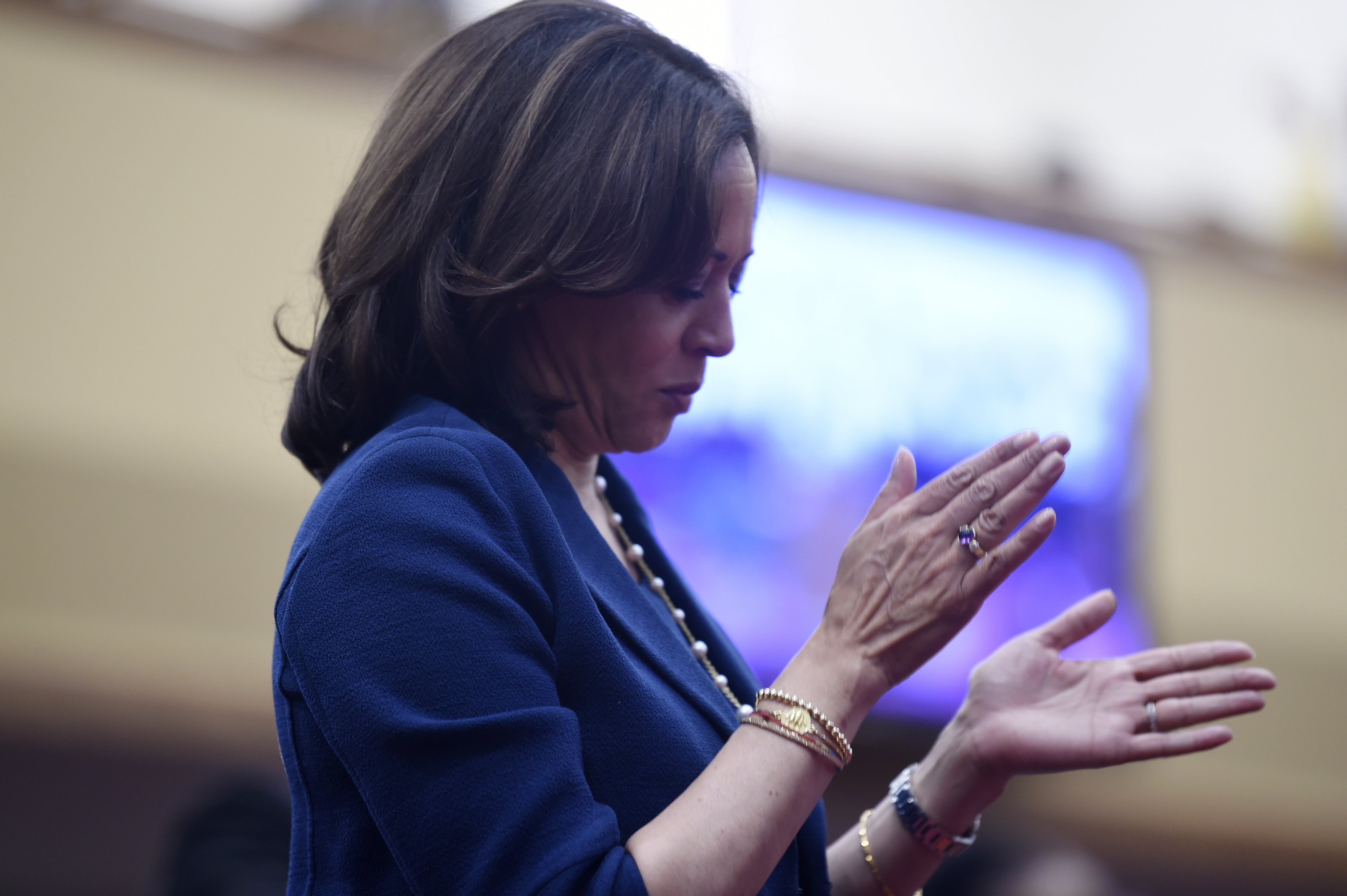 Democratic presidential candidate Kamala Harris stands during music worship on Sunday, Sept. 22, 2019, at Royal Missionary Baptist Church in North Charleston, S.C.