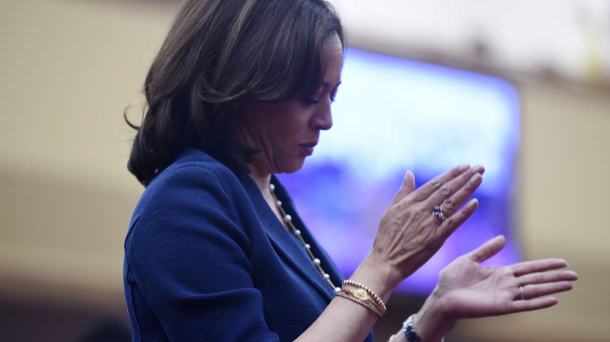 Democratic presidential candidate Kamala Harris stands during music worship on Sunday, Sept. 22, 2019, at Royal Missionary Baptist Church in North Charleston, S.C.
