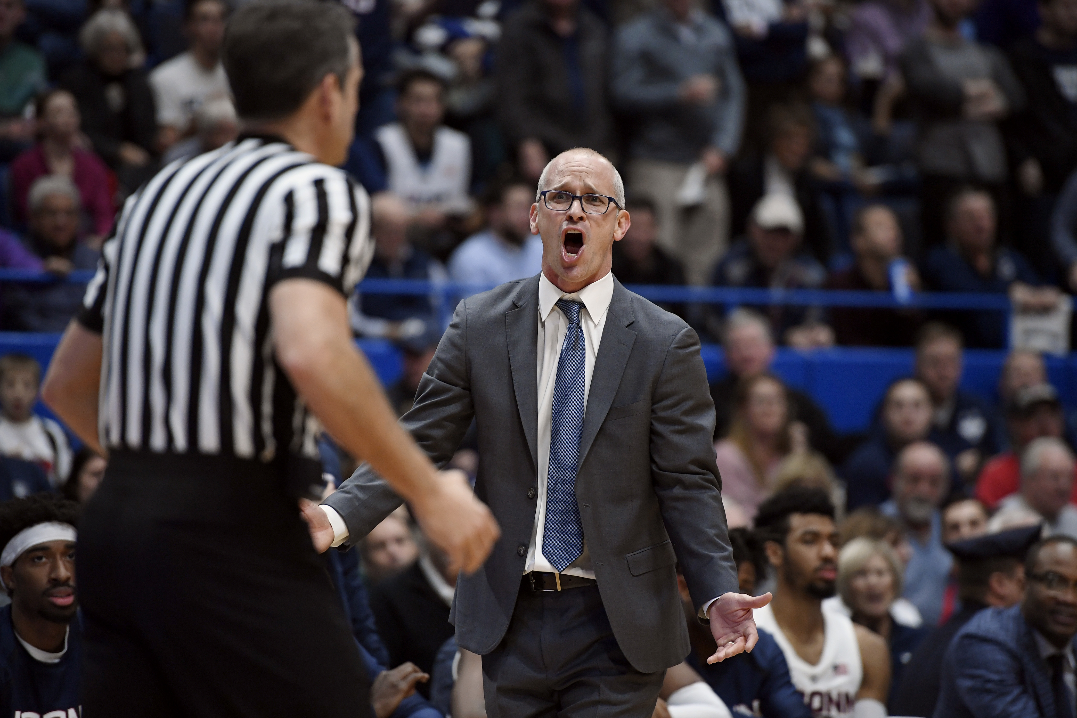 FILE - Connecticut head coach Dan Hurley reacts during the second half of an NCAA college basketball game against Arizona, Dec. 2, 2018, in Hartford, Conn. 